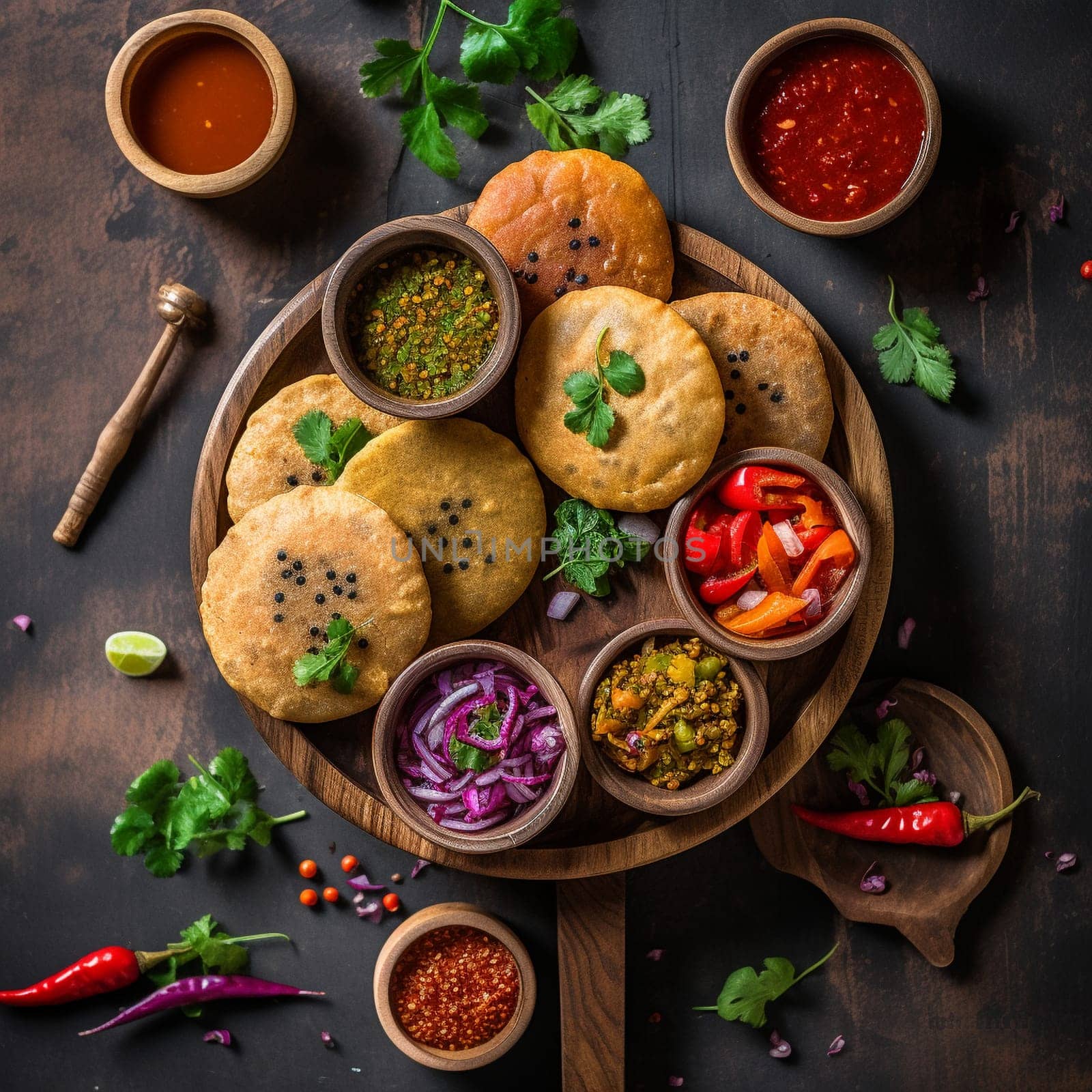 Experience the taste of Mauritius with a plate of freshly made Dholl Puri, a flatbread filled with spiced lentils and served with chutney. This top-down image showcases the variety of colorful ingredients and their vivid colors, arranged around the main dish which is served on a traditional Mauritian plate or mat, evoking a sense of authenticity and cultural significance. Smaller bowls containing chutney, pickles, and other condiments commonly used in Mauritian cuisine add to the visual appeal of the scene. Utilizing natural, indirect daylight streaming in from one side, the lighting illuminates the dish and casts soft shadows that accentuate the textures and colors of the ingredients. The image conveys a sense of warmth, comfort, and tradition, inviting the viewer to enjoy a simple and satisfying meal. Emphasize the fluffy and slightly chewy texture of the Dholl Puri, as well as the flavors and aromas of the spiced lentil filling. Traditional Mauritian ingredients such as cumin, coriander, and ginger add more visual interest and showcase the unique flavors of the dish.