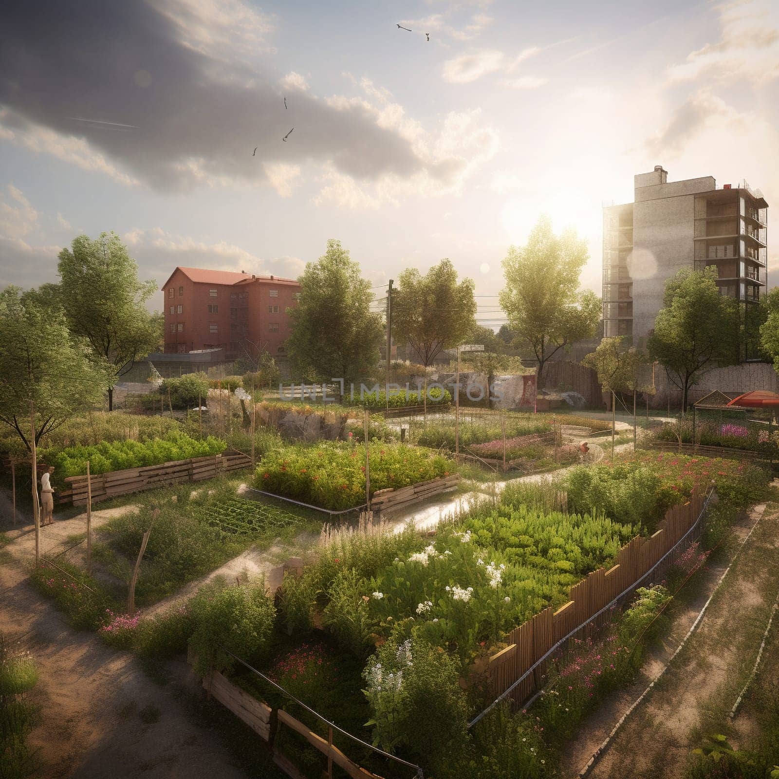 This image captures the balance between urban and rural living, showing an urban farm located on the outskirts of the city and surrounded by natural landscapes like forests or mountains. The image conveys the sense of harmony and connection that comes from bringing together urban farming and nature, and highlights the potential for urban farming to bring people closer to the land and to the natural world.