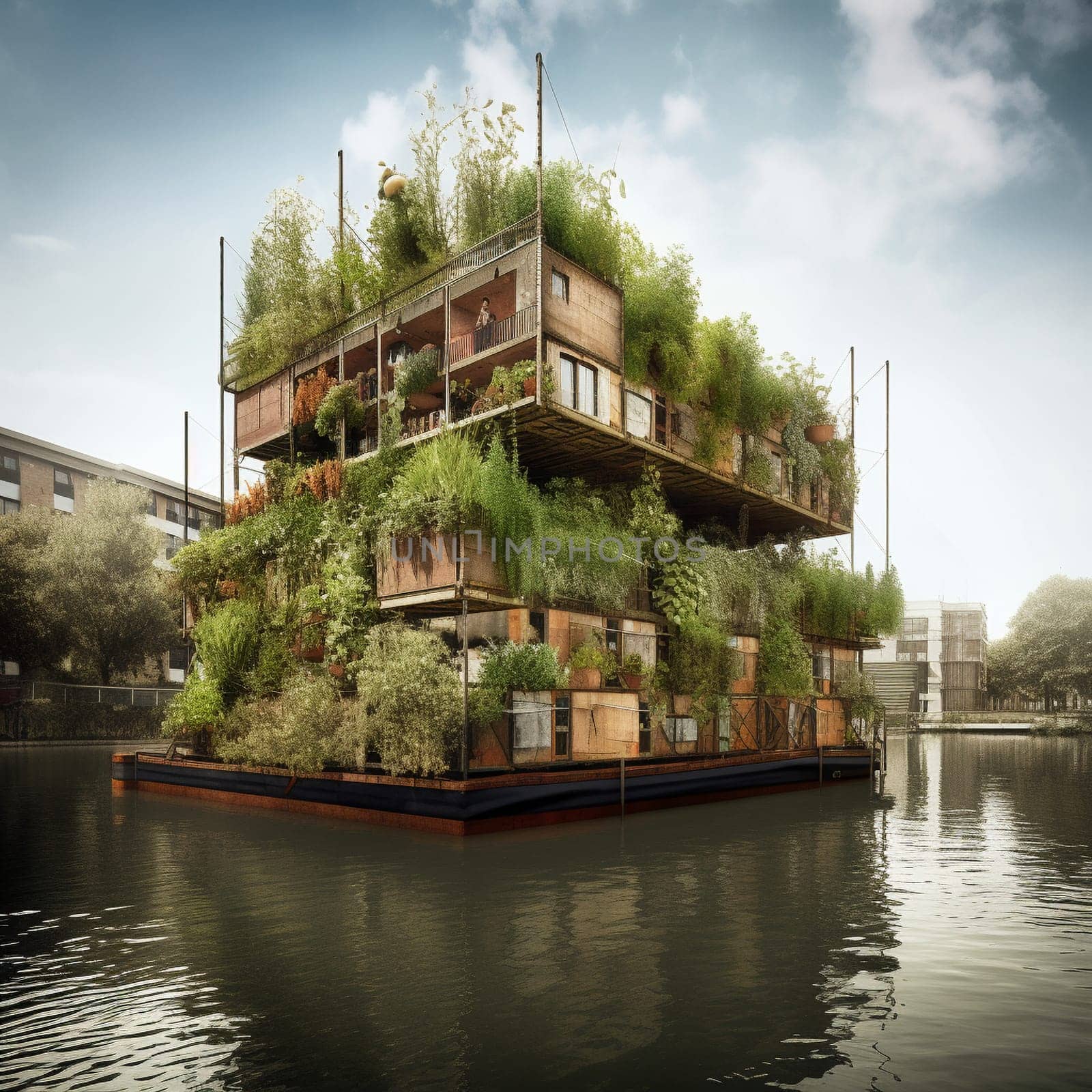 This image captures the creativity and ingenuity that can come from urban farming by showcasing a garden growing in an unusual location. The garden could be a vertical garden on the side of a building or a garden growing on a barge floating in the middle of a busy river, for example. The image conveys the sense of surprise and wonder that comes from discovering a garden in an unexpected location, as well as the satisfaction of growing your own food in a unique way.