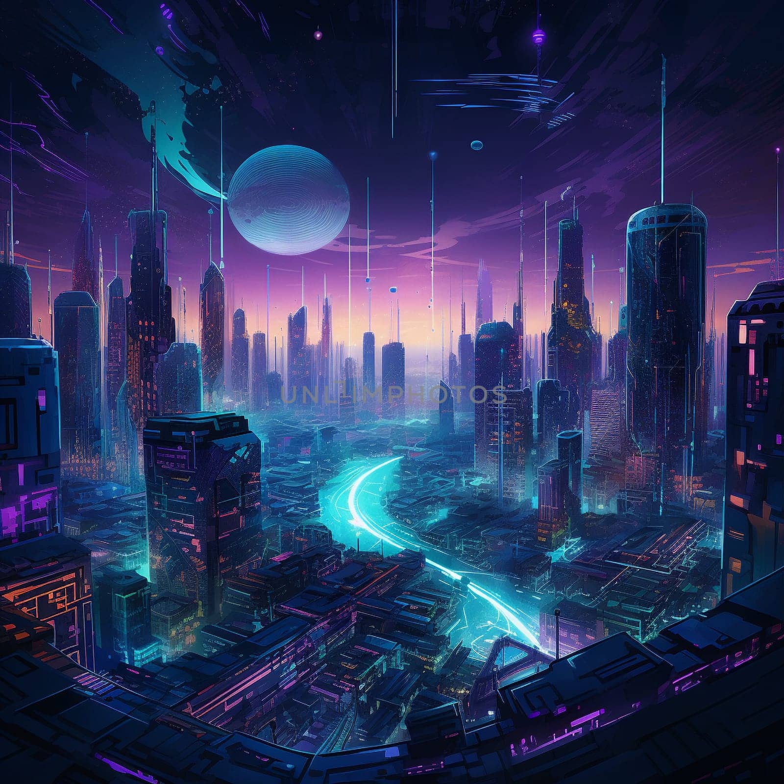 Immerse yourself in the energy and excitement of this vibrant futuristic cityscape at night. The towering skyscrapers with intricate geometric designs are illuminated by neon lights in shades of blue and purple, creating a breathtaking sight. Flying cars zip past overhead while a bustling crowd of people below adds to the sense of excitement. The city is alive with the latest technology, and the atmosphere is electric.