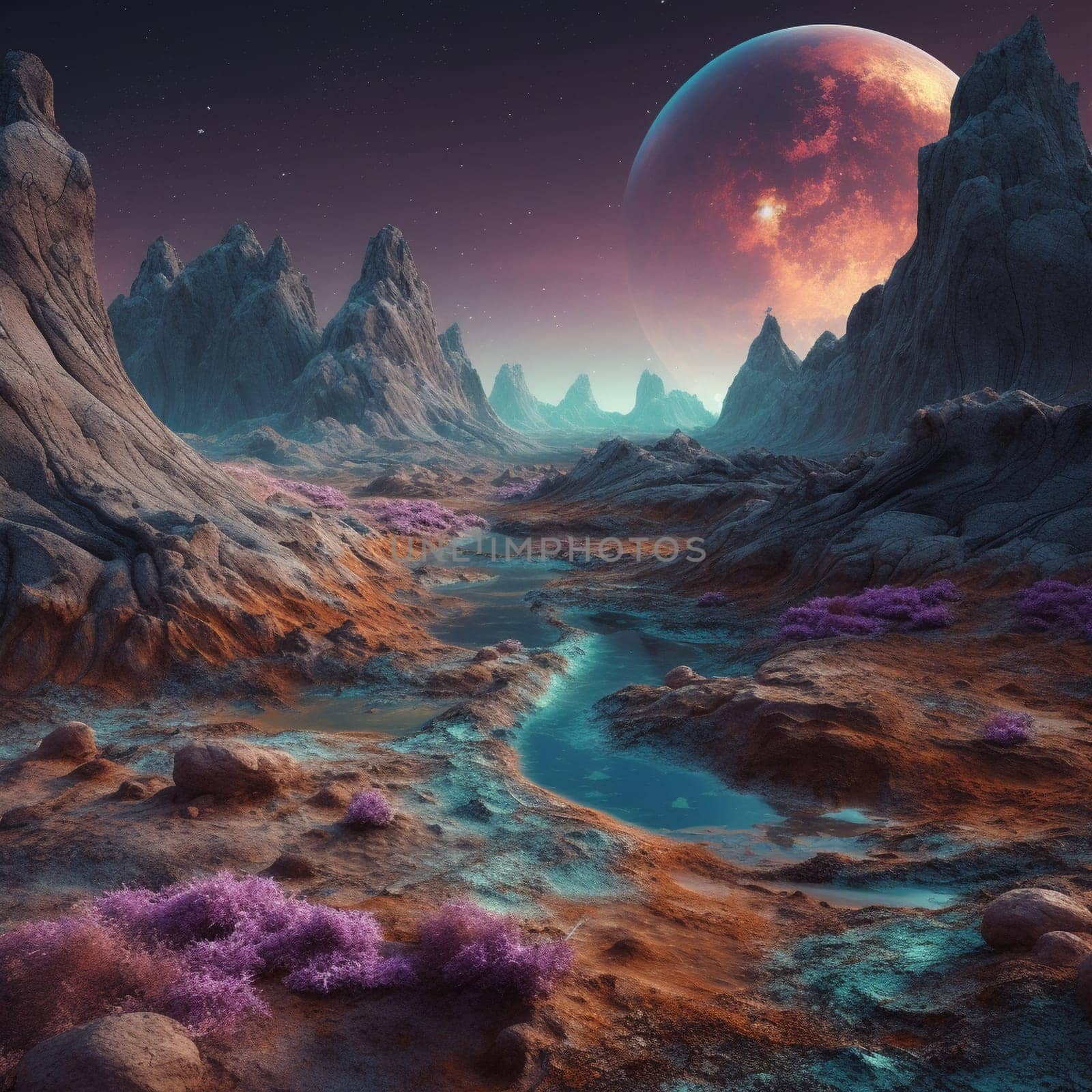 Enter a world of imagination and wonder with this stunning, otherworldly landscape. The scene could feature an alien planet, a fantasy world, or a surreal dreamscape. The colors and textures are rich and varied, with a sense of magic and mystery that captures the imagination. This is a place where anything is possible and the impossible becomes real.