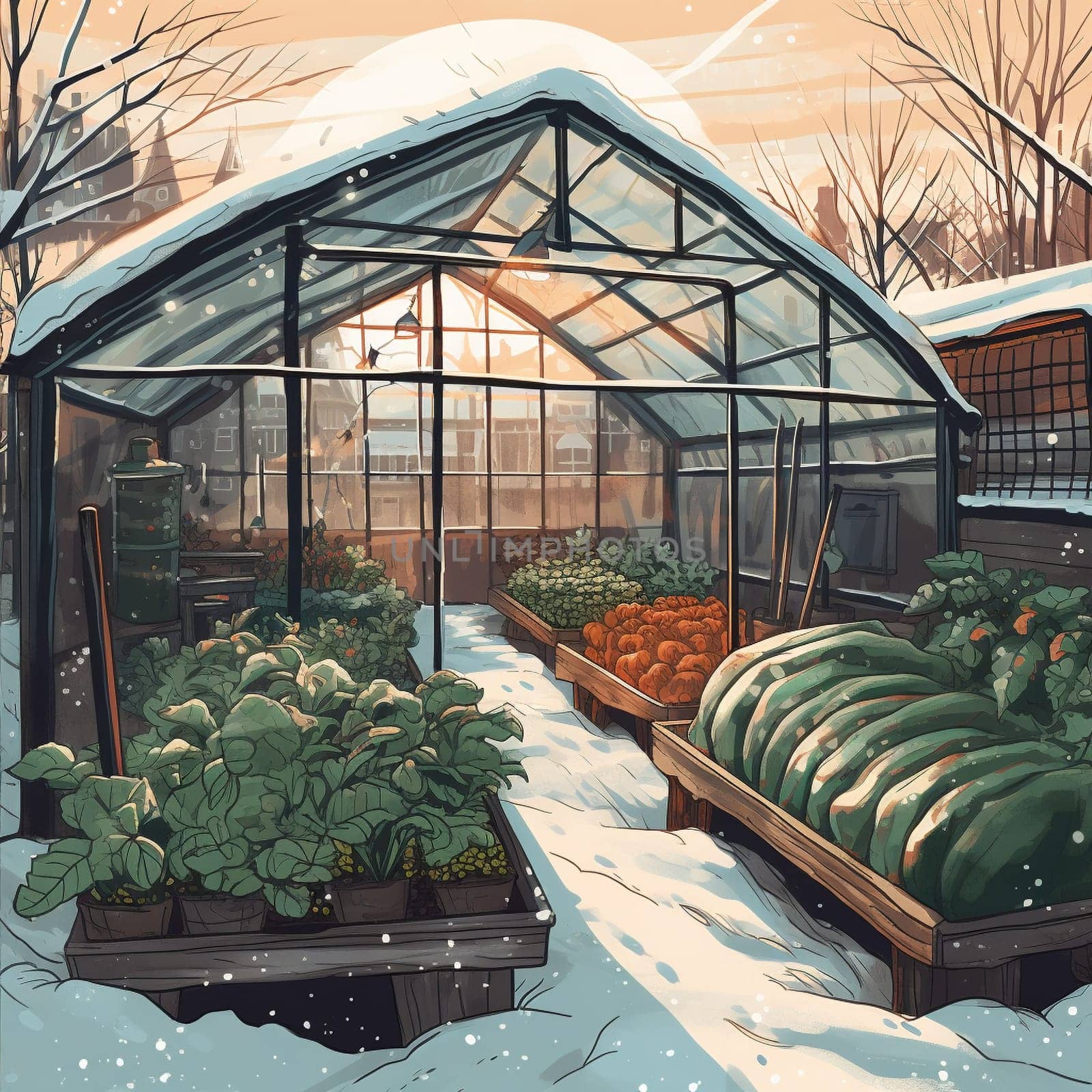 Experience the potential for urban farming to provide fresh produce even in the dead of winter with this image of a greenhouse in the middle of a snowy city. The greenhouse is filled with green plants and thriving crops like tomatoes and peppers, showcasing the resilience and ingenuity of urban farmers. The image inspires hope and a sense of possibility, even in the coldest and darkest of seasons.