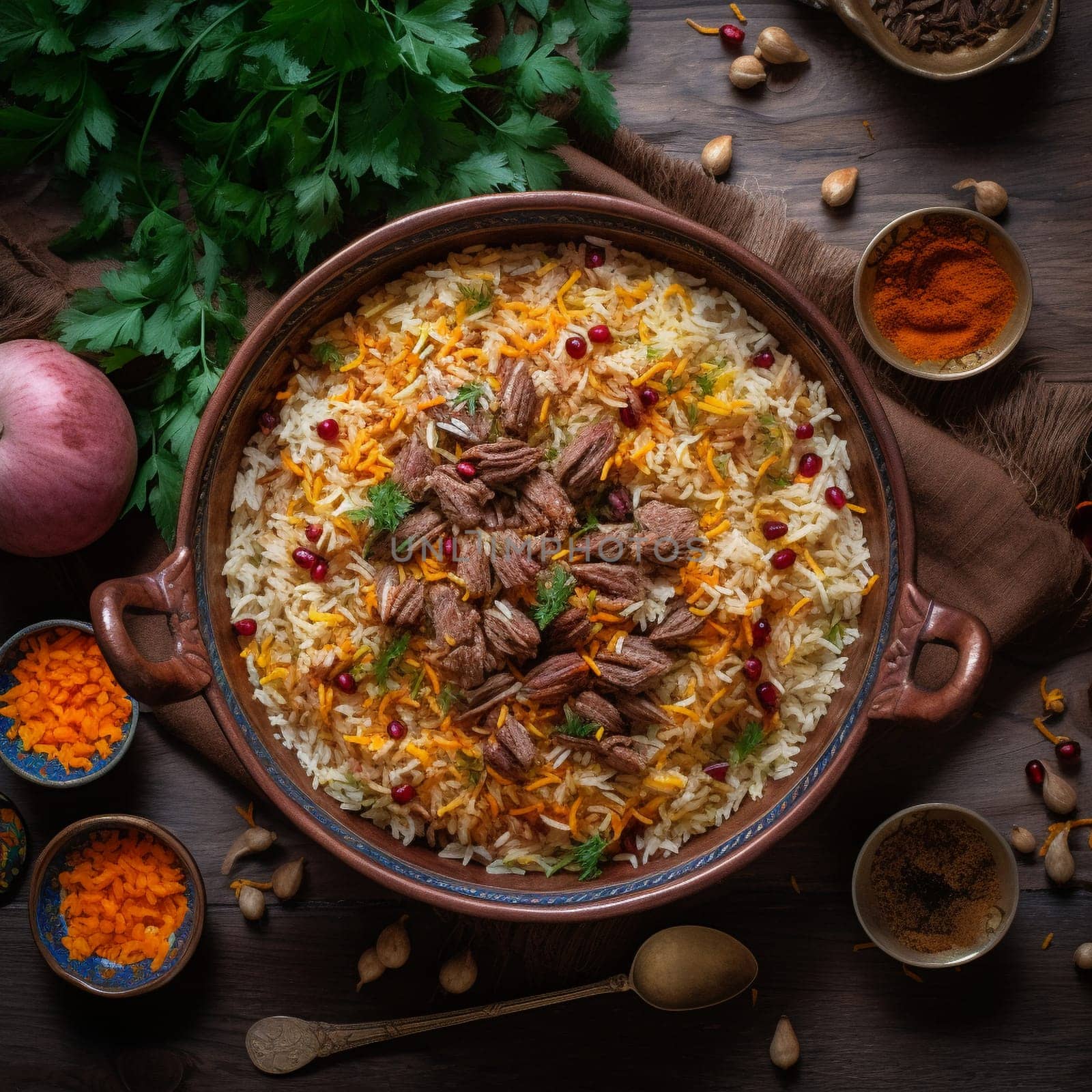 Indulge in the flavors and aromas of Tajikistan's signature rice pilaf, Osh, with this colorful and fragrant bowl of tender pieces of lamb or beef and a variety of spices. The image is captured from a top-down perspective, showcasing the vivid colors of the ingredients, such as carrots, raisins, and chickpeas, and their unique blend of spices, such as cumin, coriander, and turmeric. The bowl of Osh is placed on a brightly patterned tablecloth, evoking a festive and communal dining experience. Smaller bowls of yogurt, pickles, and fresh herbs are arranged around the main dish, adding more visual interest and showcasing the unique flavors of Tajikistan cuisine. The emotions evoked by this image are warmth, joy, and togetherness.