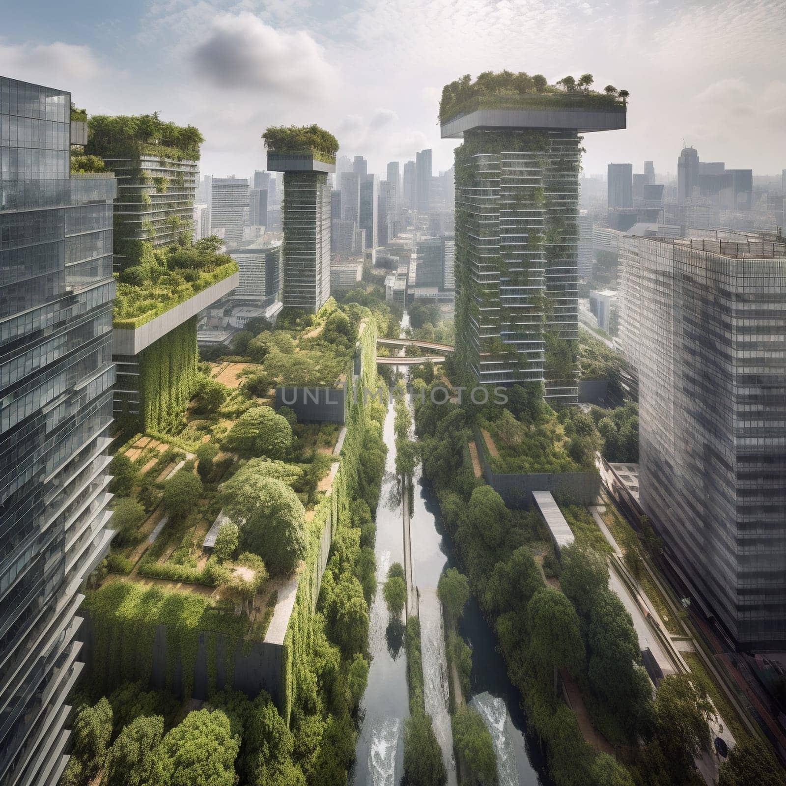 This image depicts a bustling city with green rooftops, lush vertical gardens, and a river flowing through the heart of the metropolis. It showcases the importance of water conservation and sustainable urban planning. The green roofs and vertical gardens help reduce heat and carbon emissions, improve air quality, and provide habitats for urban wildlife. The river serves as a natural ecosystem and provides the city with a reliable source of water for various needs. This image represents a sustainable future for cities around the world.