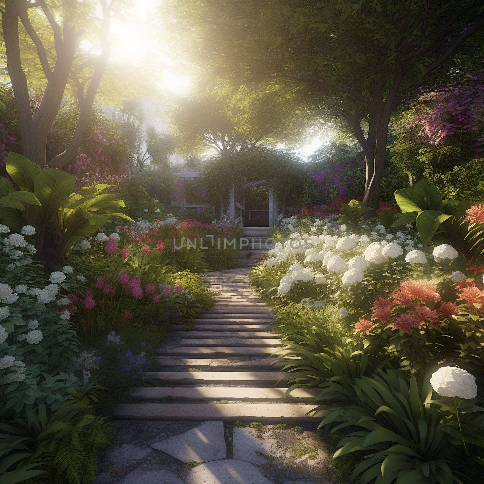 Step into a world of tranquility and beauty with this serene, tranquil garden featuring beautiful flowers and foliage. The garden is well-tended and vibrant, with a sense of peace and calm. Pathways, seating areas, or other features invite the viewer to linger and explore, discovering new wonders with every step.