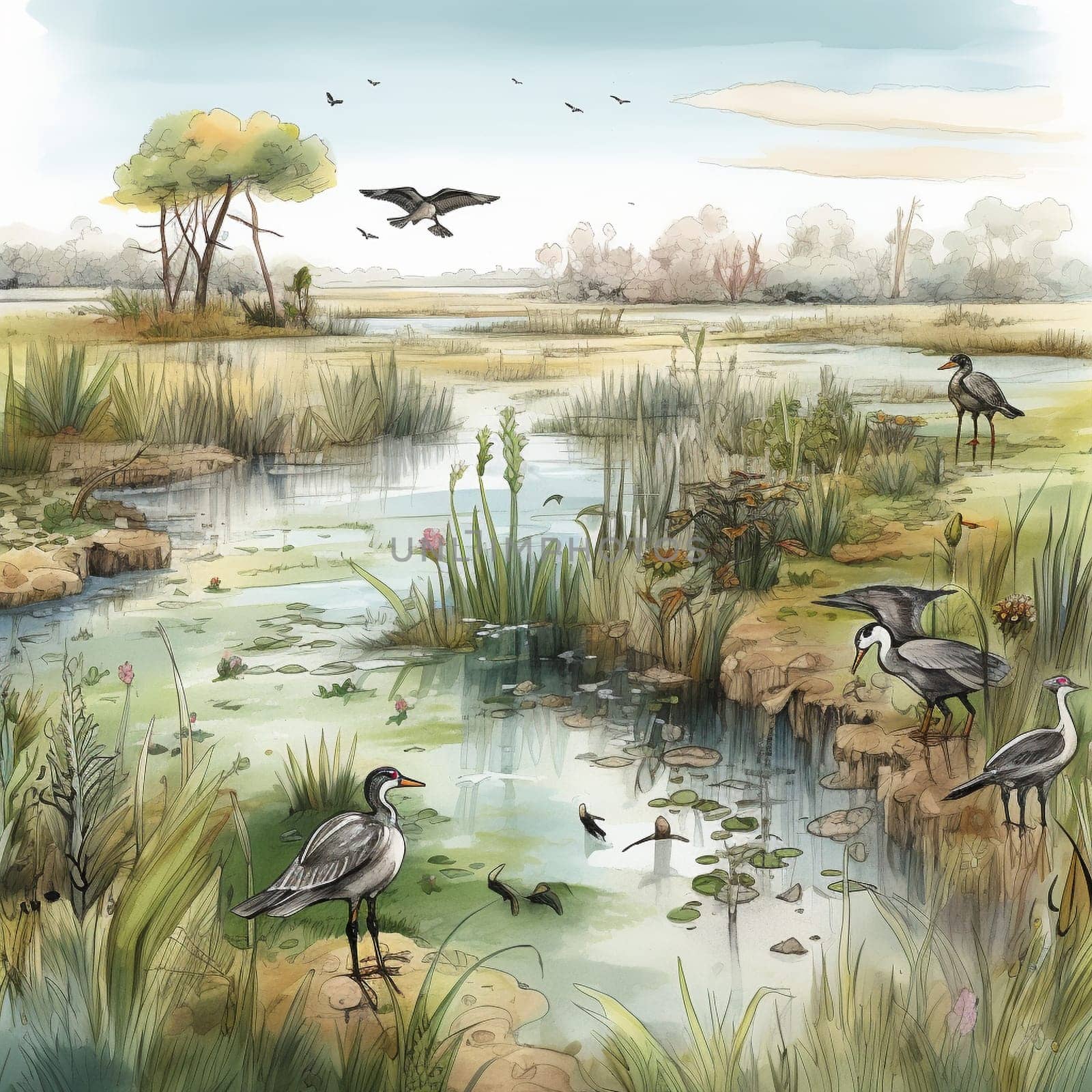 This image depicts a lush wetland ecosystem teeming with wildlife. It highlights the importance of wetlands in water conservation, flood control, and biodiversity. Wetlands are unique and valuable ecosystems that provide critical habitat for diverse plant and animal life, and they also provide important services such as water filtration and flood control. However, wetlands are under threat from human activities such as development, pollution, and climate change. This image represents the beauty and value of wetlands and the urgent need to protect them for the benefit of people and the planet.