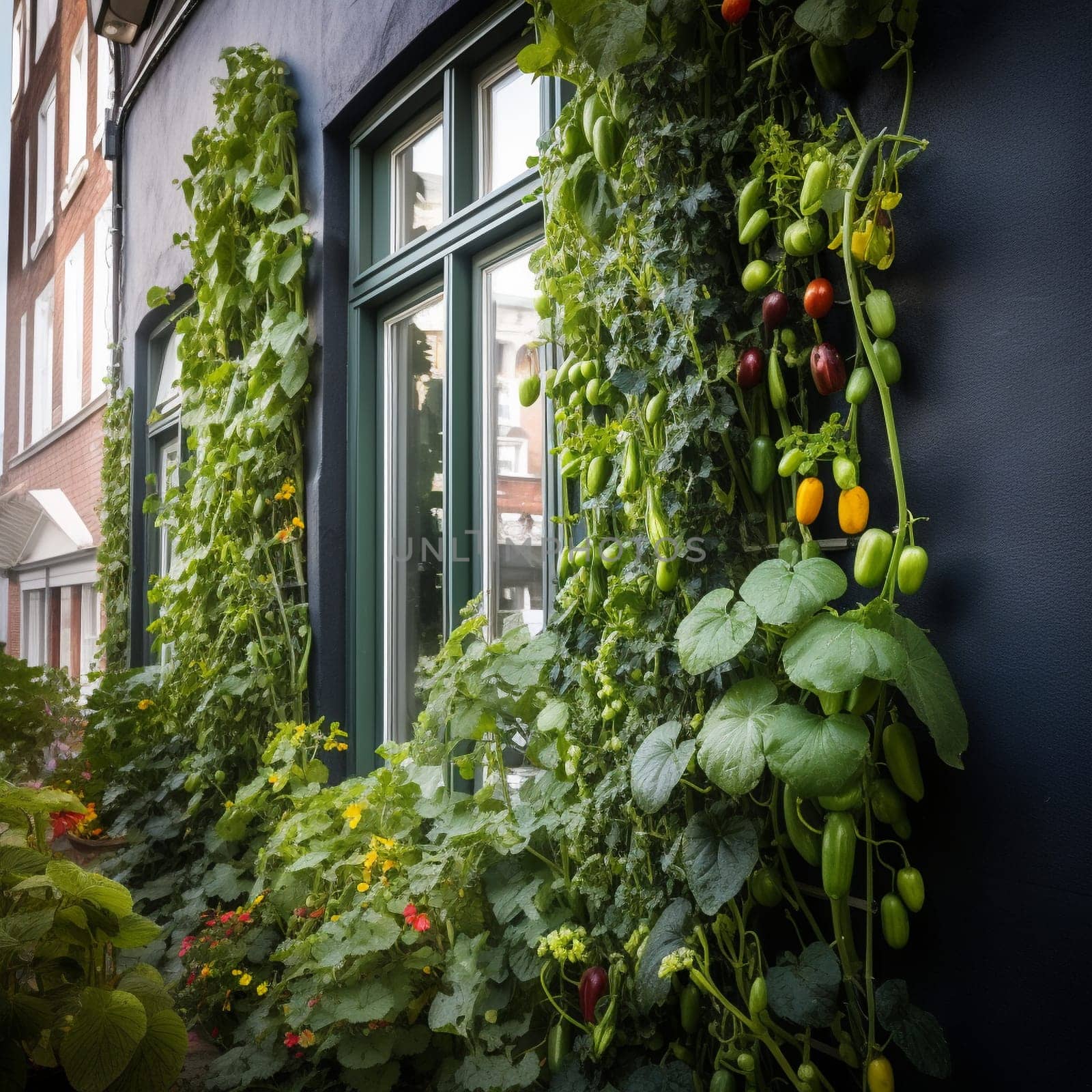 This image captures the sense of innovation and creativity that comes from growing a garden vertically up the side of a building on a bustling city street. The garden is filled with vibrant plants and flowers that thrive in the urban environment. The image conveys the sense of beauty and possibility that comes from seeing something unexpected and unconventional growing in the heart of the city.