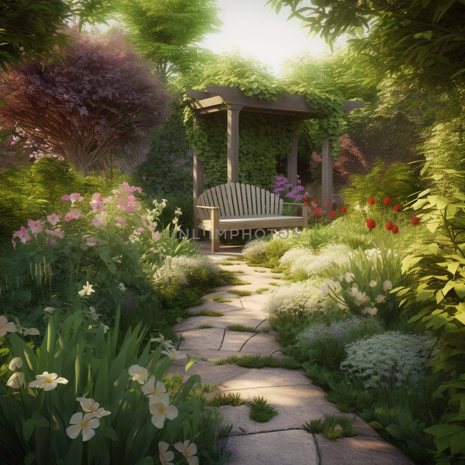 Step into a world of tranquility and beauty with this serene, tranquil garden featuring beautiful flowers and foliage. The garden is well-tended and vibrant, with a sense of peace and calm. Pathways, seating areas, or other features invite the viewer to linger and explore, discovering new wonders with every step.