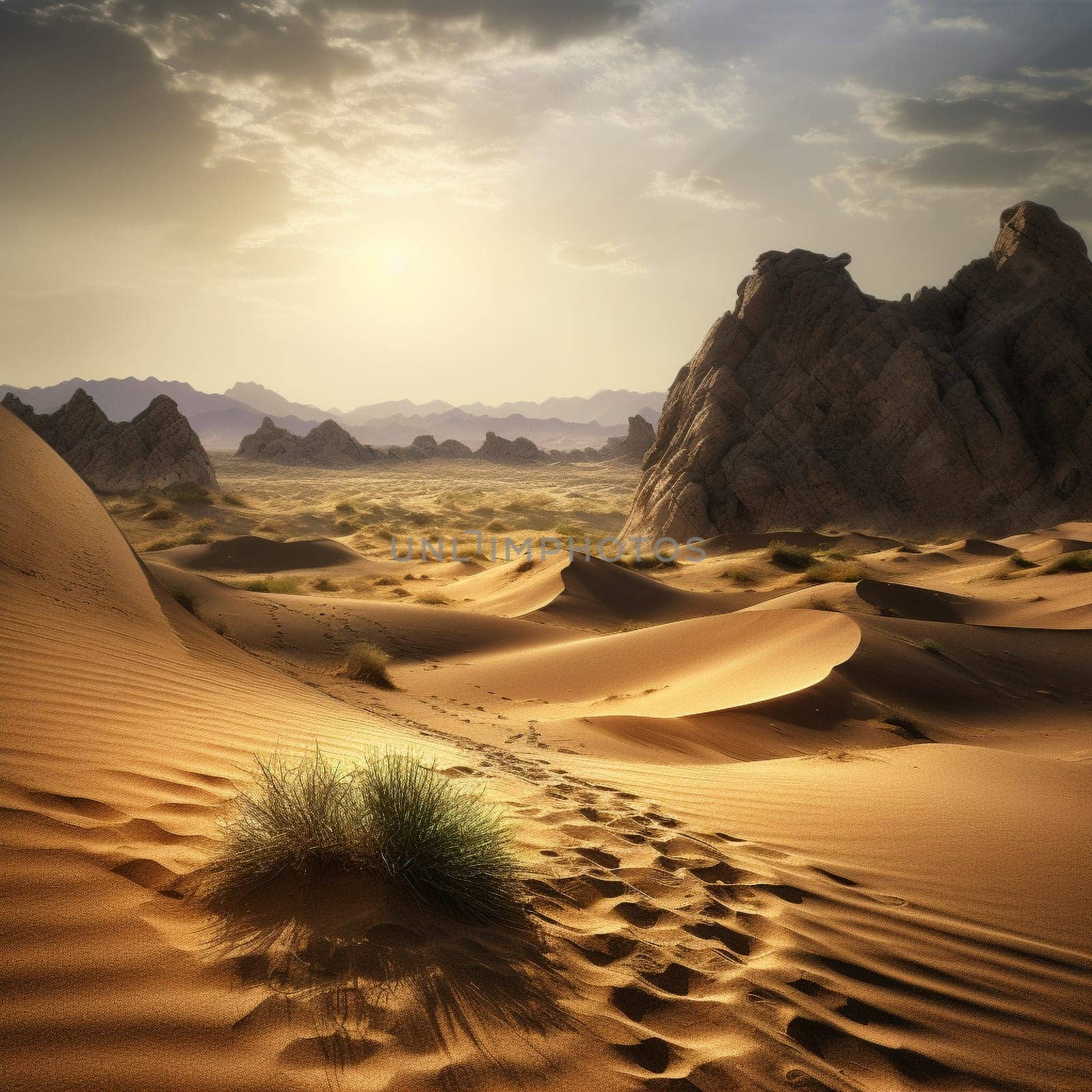 Enter a world of solitude and mystery in this beautiful, expansive desert landscape. The scene features sand dunes, rock formations, or other natural features, with a vast expanse of sky overhead that emphasizes the isolation of the setting. There's a sense of quiet and stillness that permeates the scene, with the suggestion of hidden secrets and undiscovered treasures just waiting to be found. This is a place where you can lose yourself in the beauty and mystery of the desert, and discover the secrets that lie within.