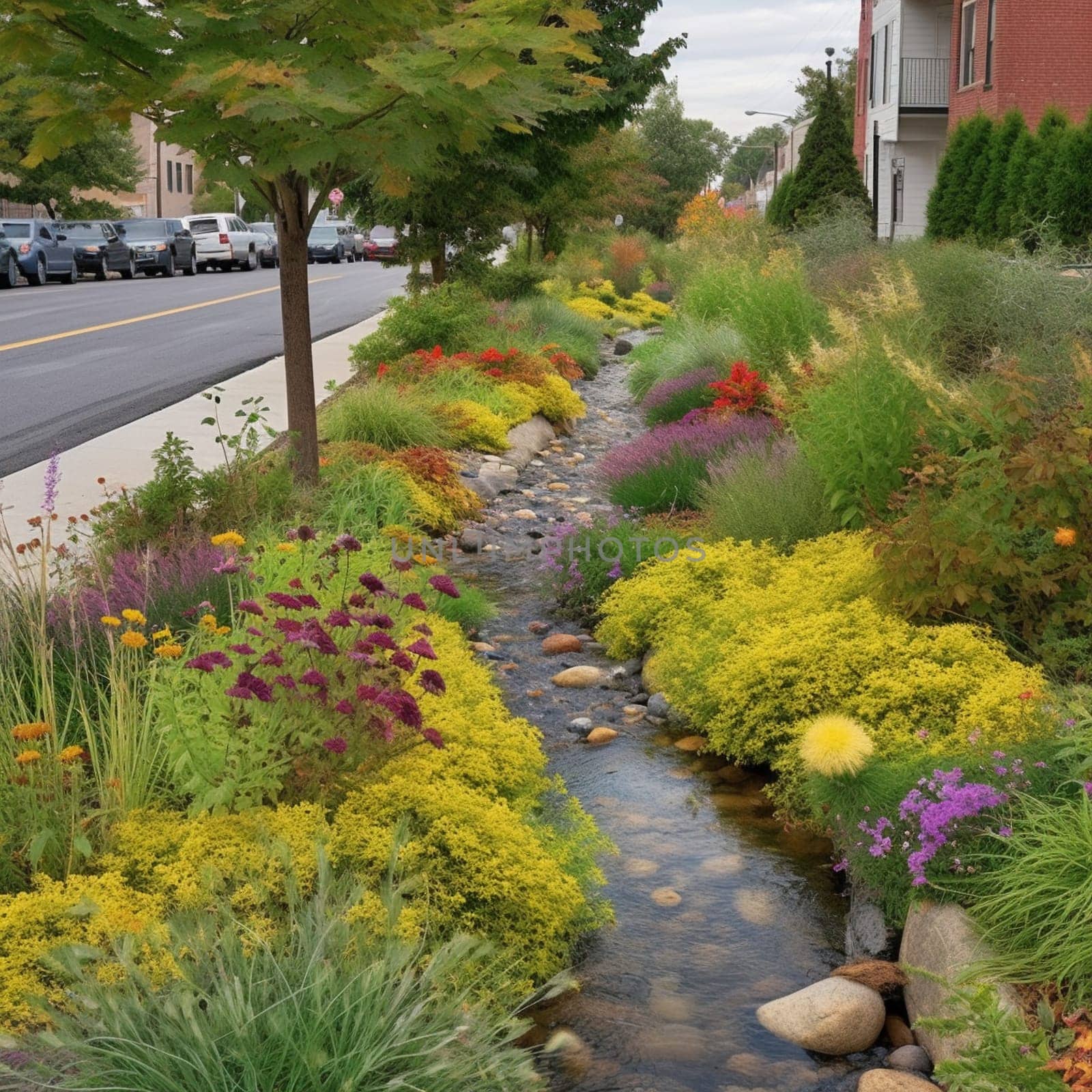 This image depicts a rain garden or bioswale designed to capture and treat stormwater runoff. It encourages the use of these green infrastructure practices to conserve water and protect water quality. Stormwater runoff is a major source of water pollution, and green infrastructure practices such as rain gardens and bioswales can help to reduce the impact of runoff on water quality. These practices use plants and soil to capture and treat stormwater, reducing the amount of runoff that enters waterways and promoting groundwater recharge. By promoting the use of rain gardens and bioswales, this image encourages viewers to take action to conserve water and protect water quality. This image represents the potential for green infrastructure to create positive change and promote environmental stewardship.