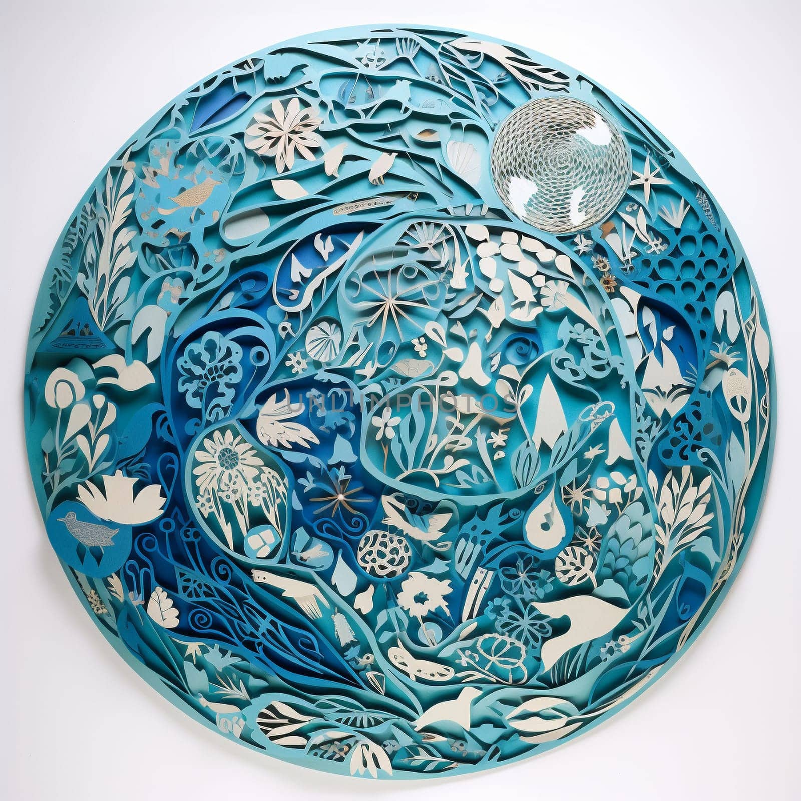 This image features a paper cutout of a globe rendered in shades of blue and green, surrounded by a variety of other environmental cutouts arranged in a flowing, organic pattern. The overall effect is visually striking and informative, highlighting the importance of protecting our planet and its resources.