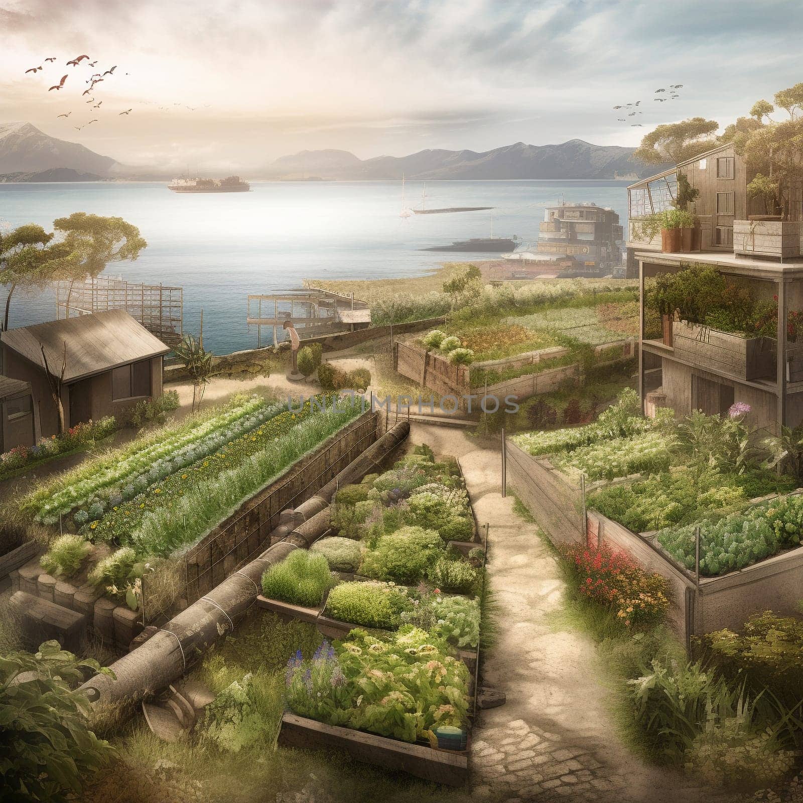 This image captures the potential for urban farming to bring people closer to nature and the environment. It shows an urban farm located on the coast, with stunning views of the ocean stretching out in every direction. The image conveys a sense of serenity and tranquility, highlighting the restorative power of nature and the importance of sustainability in urban living.
