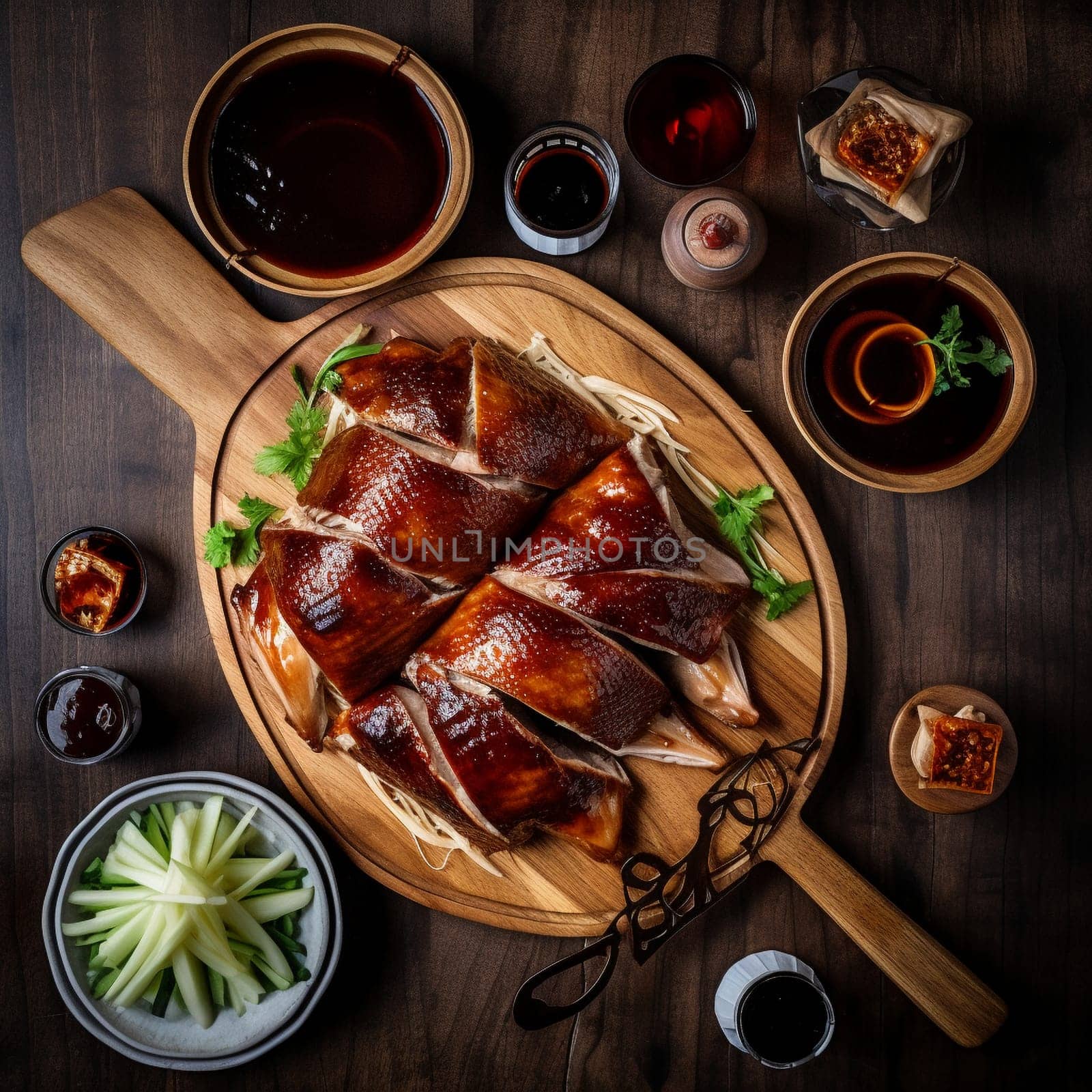 Behold the impressive sight of a whole roasted Chinese Peking Duck in this overhead shot. Expertly carved into thin slices and arranged on a platter, the duck is accompanied by thin pancakes, scallions, and hoisin sauce, arranged neatly on a wooden board. In the background, there's a bustling Chinese restaurant scene, with colorful decorations and lively chatter adding to the festive atmosphere. The dramatic, diffused lighting with a reflector highlights the details and colors of the dish, creating an elegant and refined mood.