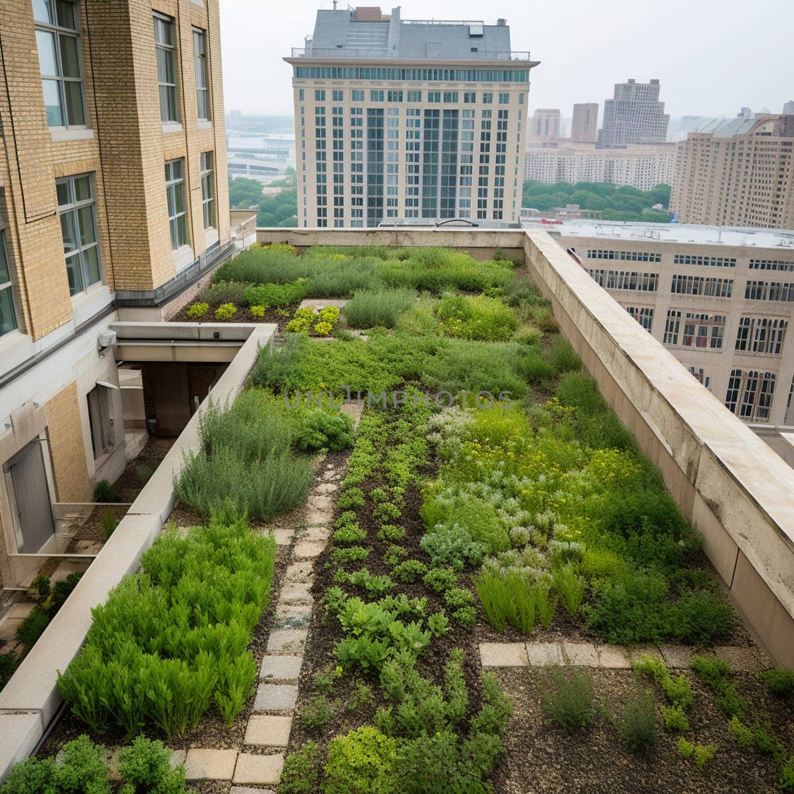 This image captures the beauty and functionality of urban gardening practices. It shows a garden growing on the rooftop of a city building, filled with fragrant herbs like sage, mint, and lavender. The image conveys a sense of natural beauty and serenity amidst the hustle and bustle of the city, highlighting the benefits of incorporating green spaces into urban environments.