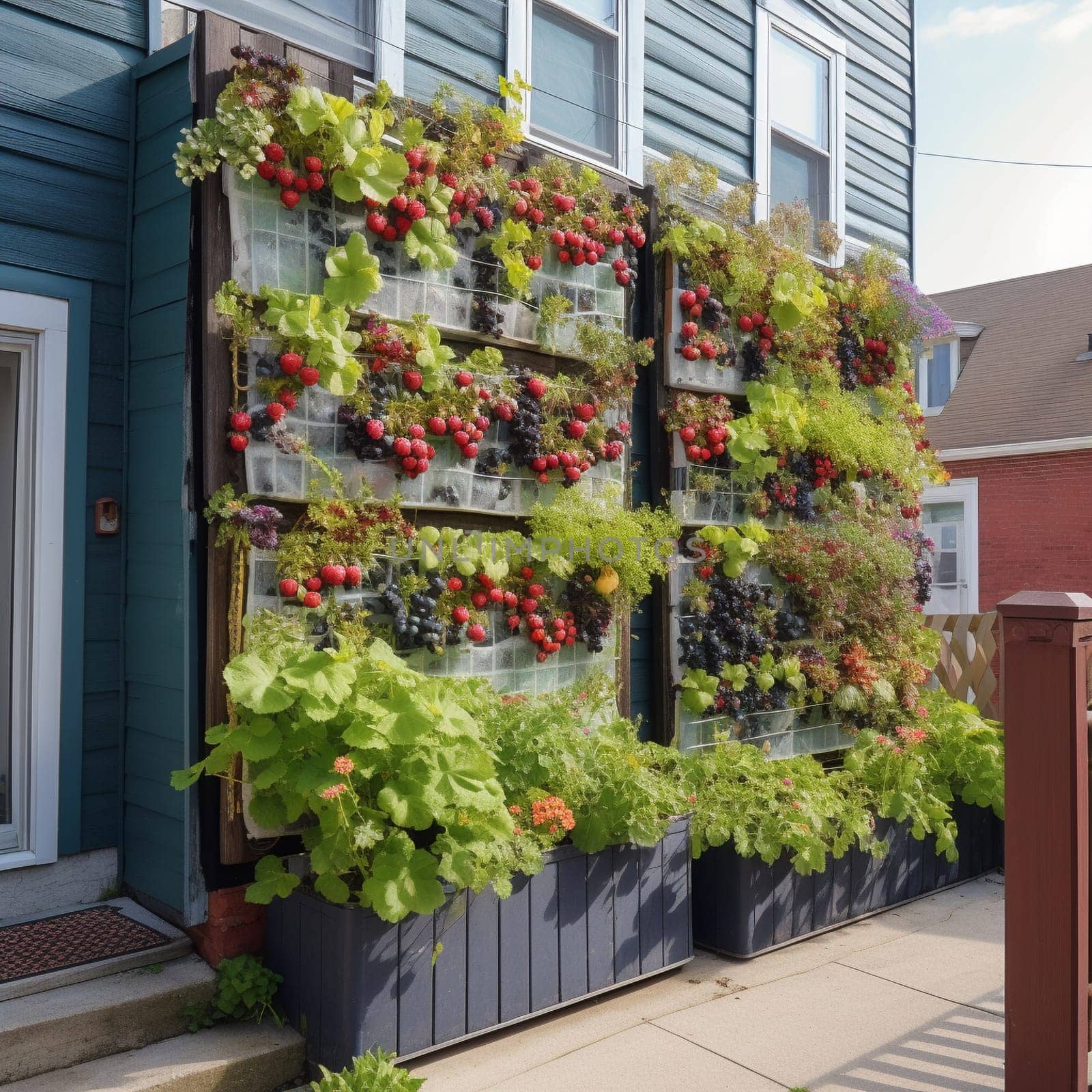 Experience the beauty and functionality of urban gardening with this vertical fruit garden growing up the side of a building. This garden is filled with juicy fruits like strawberries, raspberries, and blueberries, providing not only a visual spectacle but also delicious and nutritious produce.