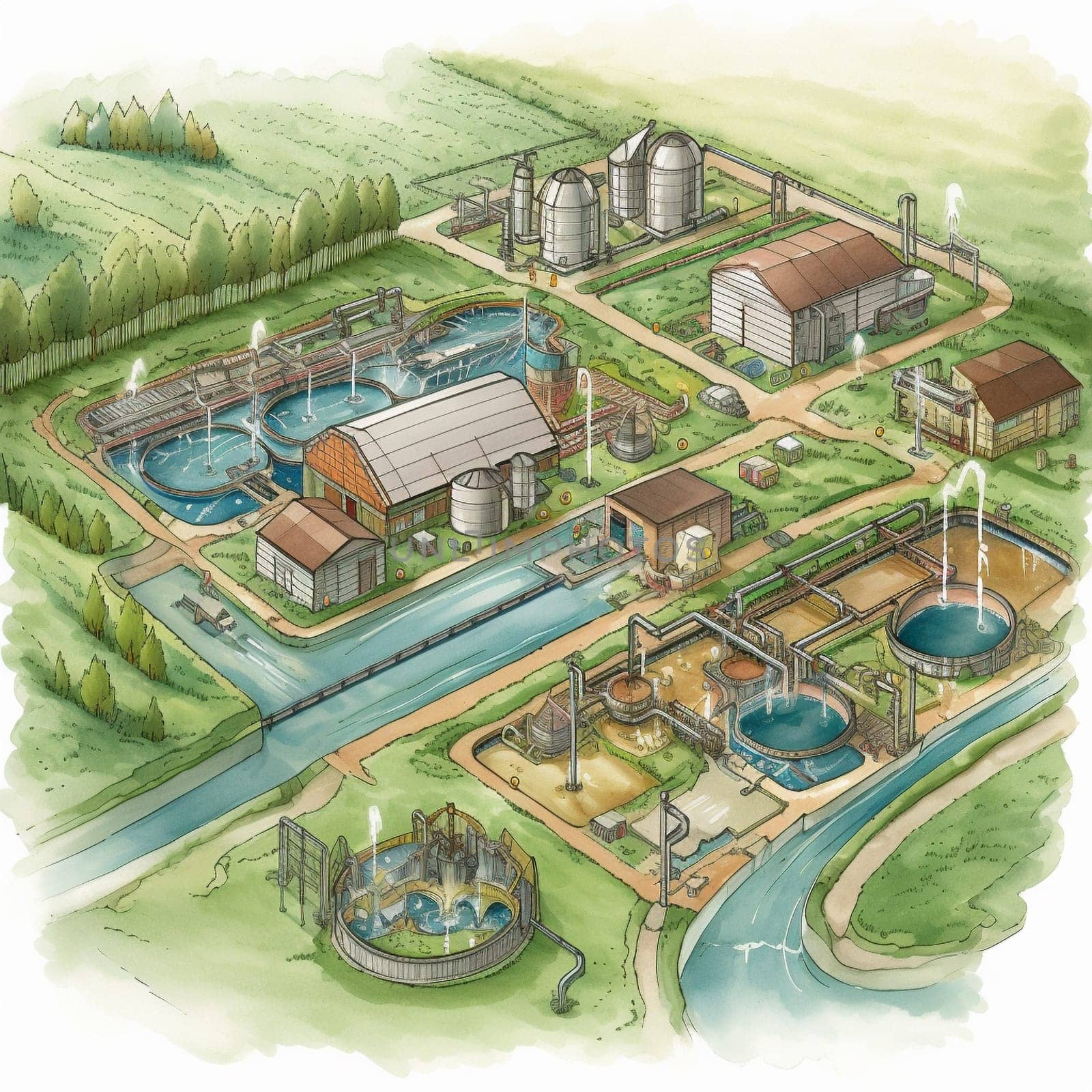 This image depicts a wastewater treatment plant or graywater reuse system. It promotes the use of these technologies to recycle and reuse water for non-potable purposes. Water reuse is a critical strategy for conserving water resources and promoting sustainability, and it can significantly reduce water consumption and wastewater discharge. Wastewater treatment plants and graywater reuse systems use advanced technologies to purify and treat wastewater, making it safe for irrigation, industrial processes, and other non-potable uses. By promoting the use of these technologies, this image encourages viewers to take action to reduce their water use and protect the planet's water resources. This image represents the potential for water reuse to create positive change and promote environmental stewardship in both residential and commercial settings.