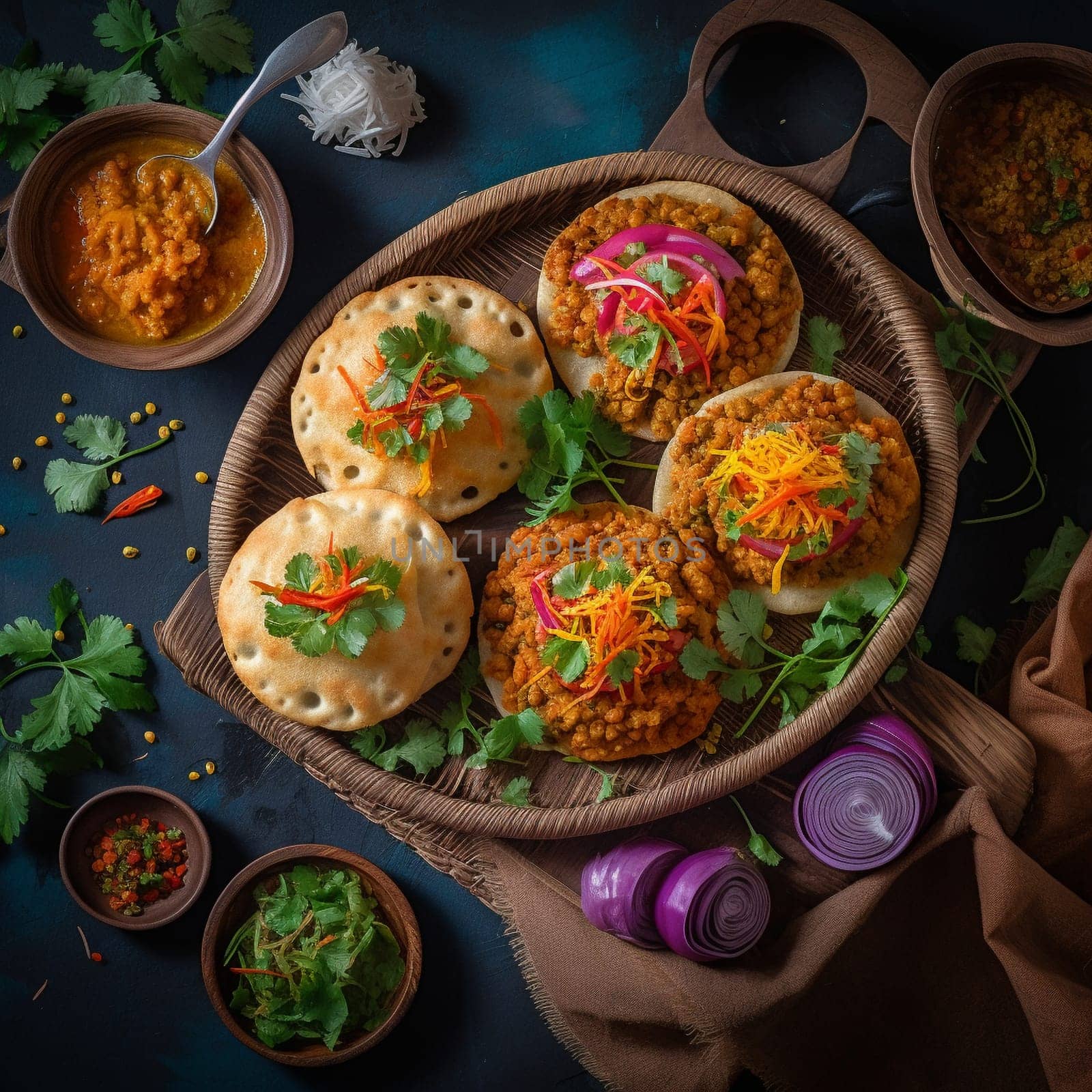 Experience the taste of Mauritius with a plate of freshly made Dholl Puri, a flatbread filled with spiced lentils and served with chutney. This top-down image showcases the variety of colorful ingredients and their vivid colors, arranged around the main dish which is served on a traditional Mauritian plate or mat, evoking a sense of authenticity and cultural significance. Smaller bowls containing chutney, pickles, and other condiments commonly used in Mauritian cuisine add to the visual appeal of the scene. Utilizing natural, indirect daylight streaming in from one side, the lighting illuminates the dish and casts soft shadows that accentuate the textures and colors of the ingredients. The image conveys a sense of warmth, comfort, and tradition, inviting the viewer to enjoy a simple and satisfying meal. Emphasize the fluffy and slightly chewy texture of the Dholl Puri, as well as the flavors and aromas of the spiced lentil filling. Traditional Mauritian ingredients such as cumin, coriander, and ginger add more visual interest and showcase the unique flavors of the dish.