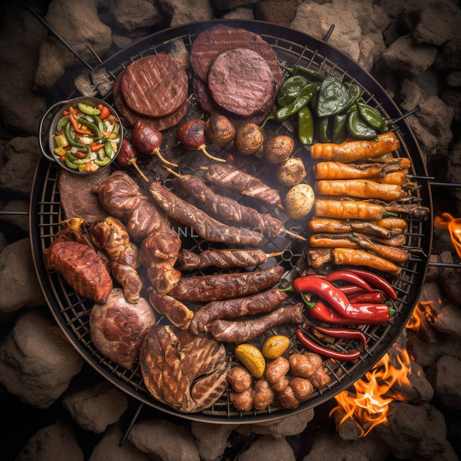 Indulge in the mouth-watering flavors and festive atmosphere of an Argentina Asado (barbecue) with this enticing overhead shot. The scene features a sizzling grill filled with a variety of meats, including beef, pork, and sausages, as well as grilled vegetables like peppers and onions. The meat is cooked to perfection, with a golden-brown crust and juicy pink interior, and is served on a wooden platter with chimichurri sauce on the side. In the background, there's a lively outdoor gathering of friends and family, with colorful decorations and music adding to the festive atmosphere. The soft, natural lighting with a diffuser highlights the textures and colors of the food, evoking feelings of warmth, togetherness, and celebration.