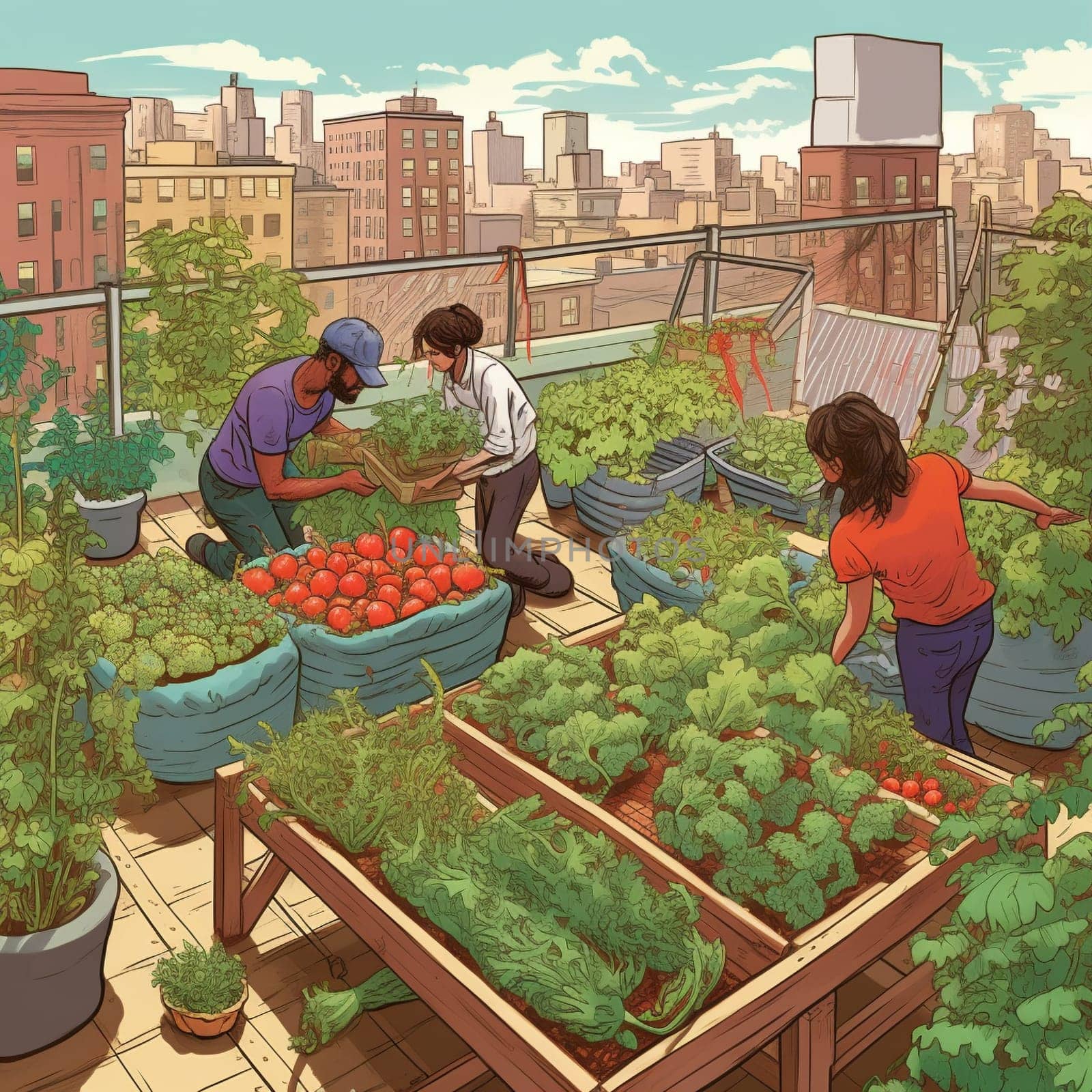 This image captures the sense of community and connection that can come from urban farming, as well as the satisfaction of growing your own food in the heart of the city. A group of urban farmers is shown climbing up to the rooftop of a high-rise building to tend to their rooftop garden. The garden is a verdant oasis filled with fresh produce, from juicy tomatoes to crisp lettuces. The farmers are busy harvesting the vegetables and filling baskets with their bounty, smiling and chatting as they work. The skyline of the city provides a stunning backdrop to the lush greenery of the rooftop garden.