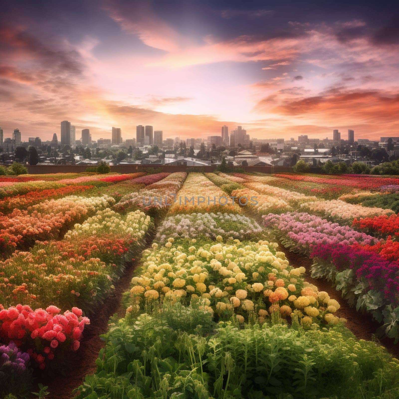 This image captures the beauty and vitality of urban gardening, showing a flower farm growing in the heart of the city, with rows of colorful flowers stretching out as far as the eye can see. The farm is a testament to the power of urban gardening to bring beauty and joy to people in even the most unlikely places, and the image conveys the sense of abundance and vitality that comes from growing plants in an urban environment.