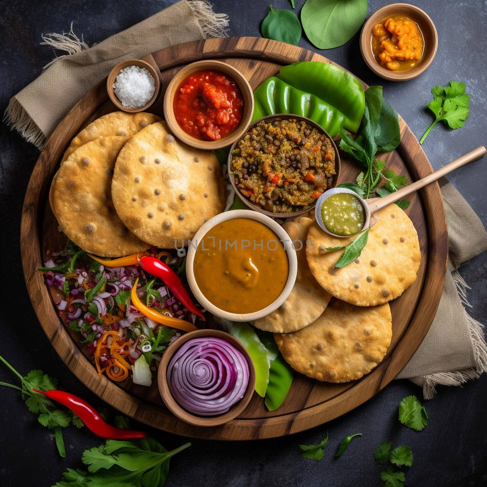 Plate of freshly made Mauritius' Dholl Puri with spiced lentils and chutney by Sahin