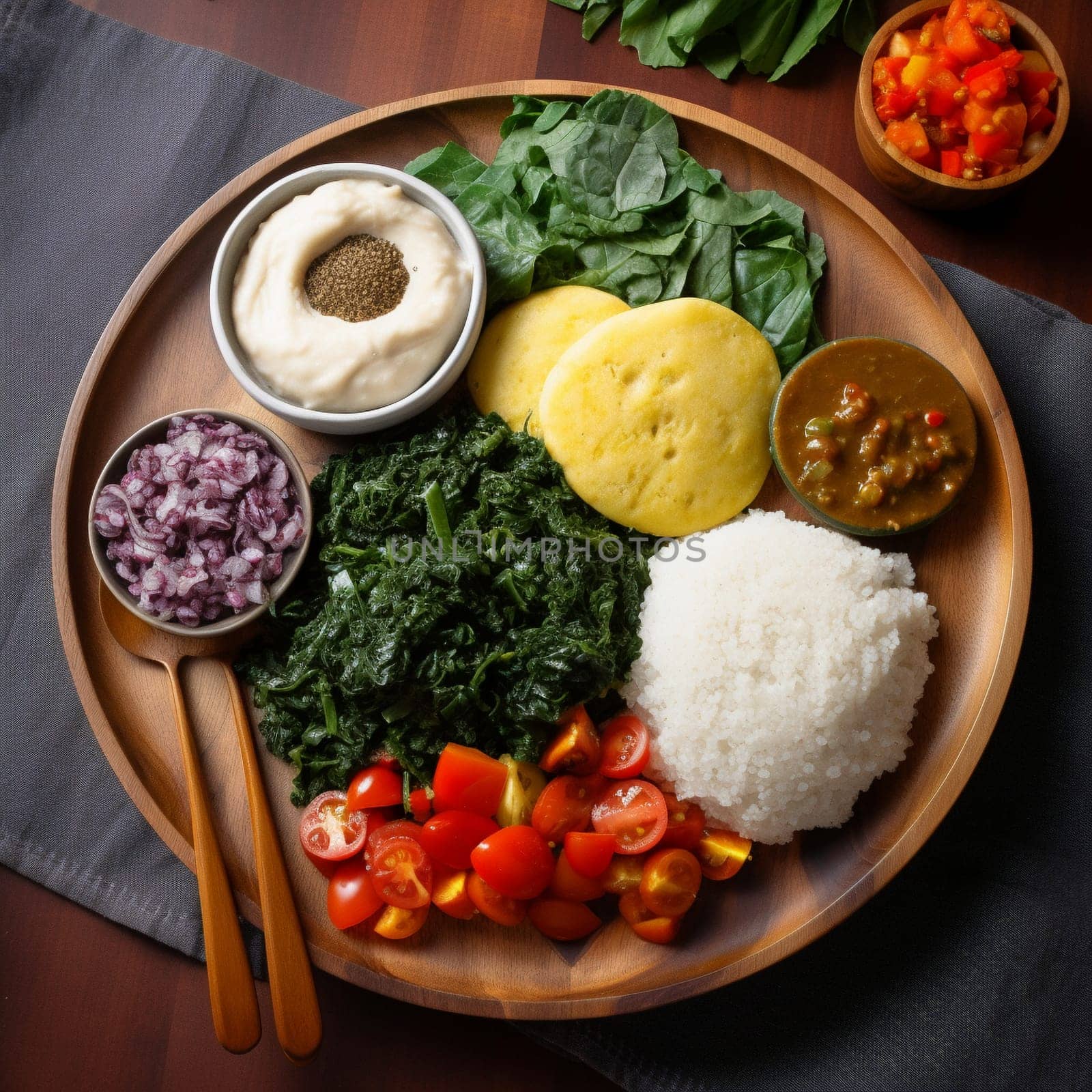 Savor the simple yet delicious flavors of Rwanda's Ugali with Isombe, a cornmeal porridge with cassava leaves. This image showcases the plate of Ugali with Isombe as the main focus, captured from a top-down perspective with a tight framing that highlights the variety of colorful ingredients and their vivid colors. The plate is placed on a traditional Rwandan plate or mat, evoking a sense of authenticity and cultural significance. Around the main dish, smaller bowls containing additional Rwandan dishes or condiments, such as beans or banana beer, add to the overall presentation. The lighting is natural and indirect, streaming in from one side, casting soft shadows that accentuate the textures and colors of the ingredients. The image evokes a sense of simplicity, comfort, and tradition, inviting the viewer to enjoy a humble and nourishing African meal. Emphasize the smooth and slightly grainy texture of the Ugali, as well as the flavors and aromas of the cassava leaves. Traditional Rwandan ingredients such as peanuts, chilies, and ginger add more visual interest and showcase the unique flavors of the dish.