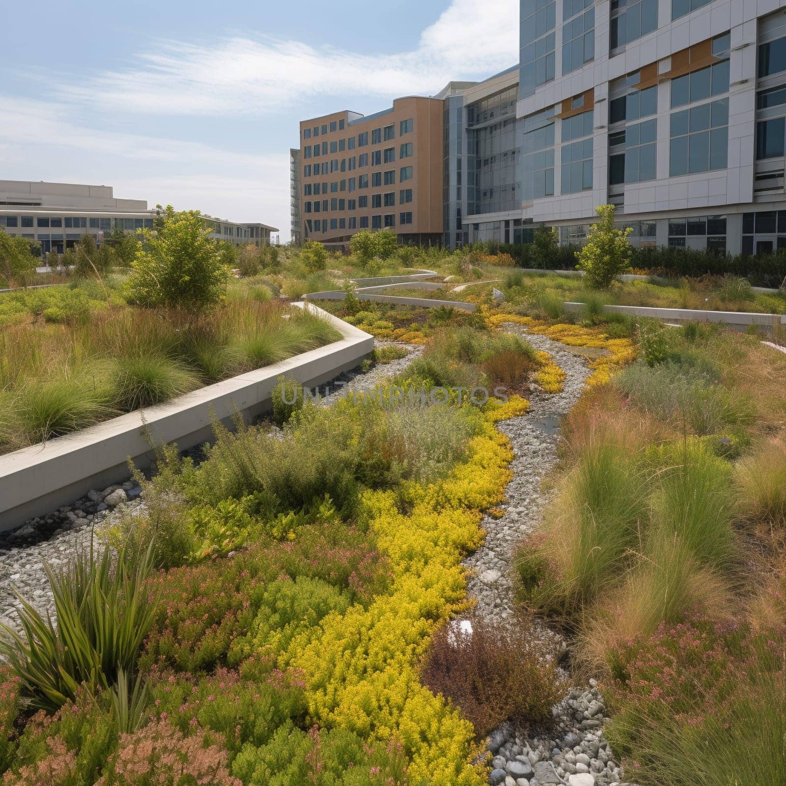 This image depicts a green infrastructure project such as a green roof or rain garden. It highlights the role of green infrastructure in reducing stormwater runoff and preserving water resources. Green infrastructure is a natural and sustainable approach to managing stormwater that involves using vegetation, soil, and other natural materials to absorb and filter rainwater. This approach can reduce the amount of stormwater runoff, improve water quality, and enhance the beauty and function of urban and suburban landscapes. This image represents the potential for green infrastructure to promote water conservation and sustainability in both residential and commercial settings.