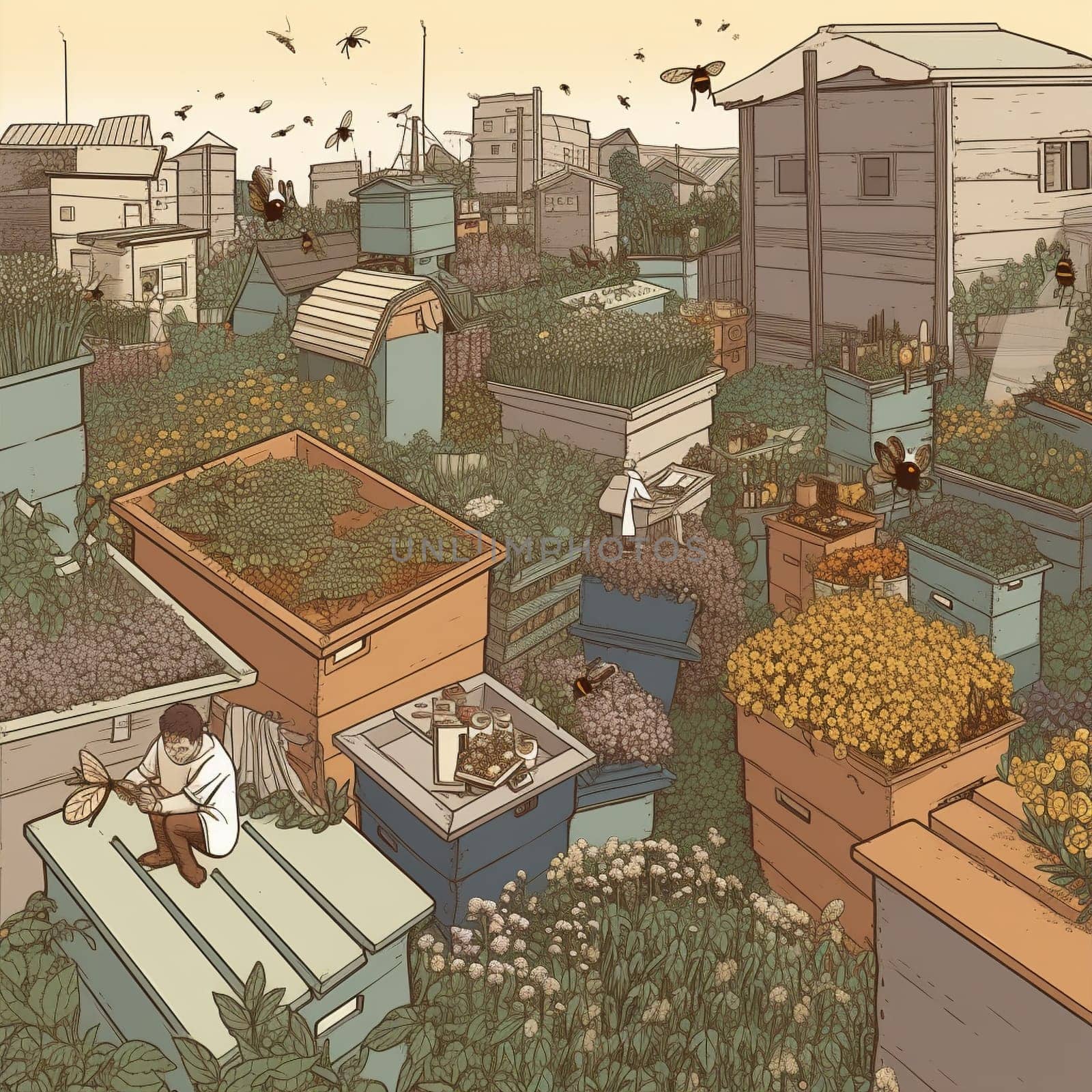 This image captures the intersection of urban farming and sustainable beekeeping practices by showcasing a rooftop garden filled with beehives buzzing with activity as the bees pollinate the surrounding flowers and produce delicious honey. The garden is filled with a variety of flowers and plants that support the bees, and there is a sense of harmony between the bees and the urban environment around them. The image conveys the sense of purpose and sustainability that comes from integrating beekeeping practices into urban farming.