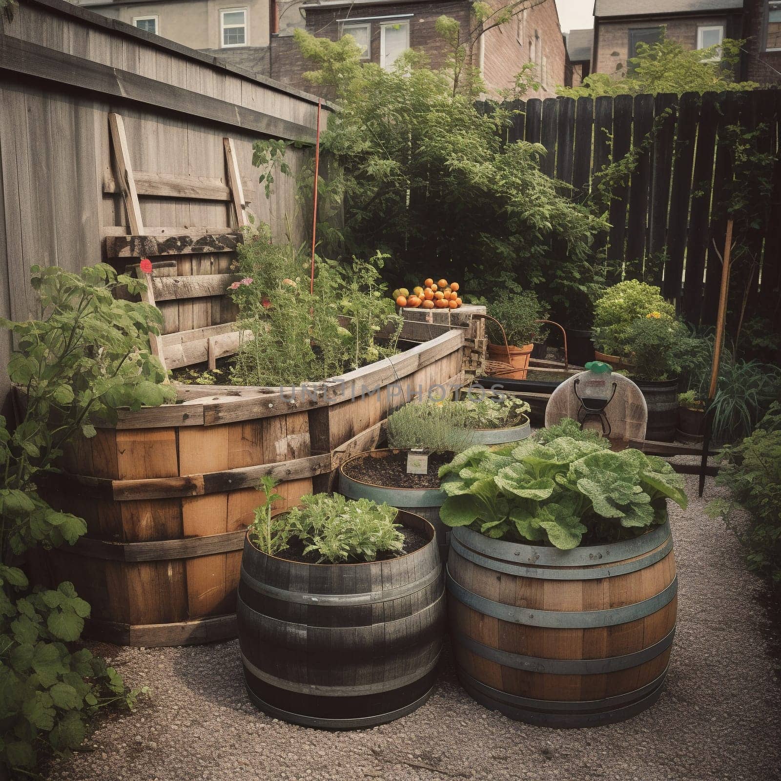 Experience the creativity and resourcefulness of urban gardening with this image of a garden filled with repurposed materials like old pallets, wine barrels, and discarded furniture. The DIY aesthetic of this garden showcases the potential for beauty to emerge from unexpected places and inspires a sense of ingenuity and self-sufficiency.