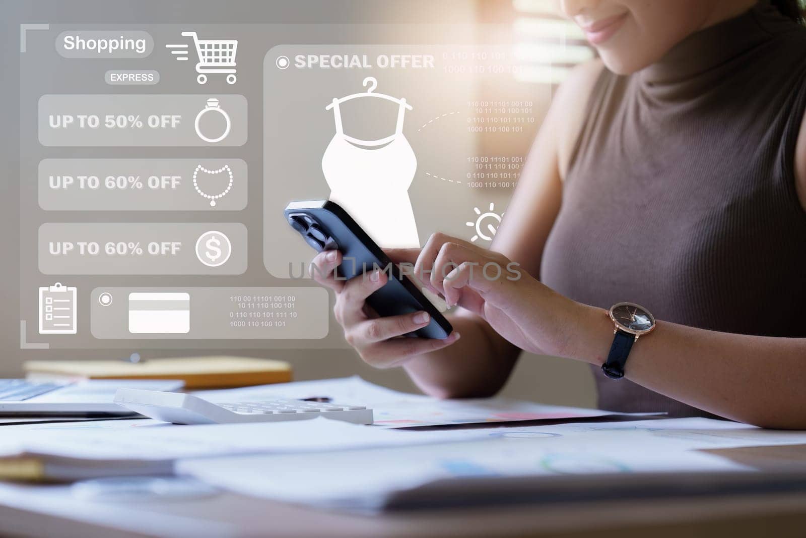 Online store icon, shopping on internet, Asian woman using on virtual screen with hands choosing on smartphone application.