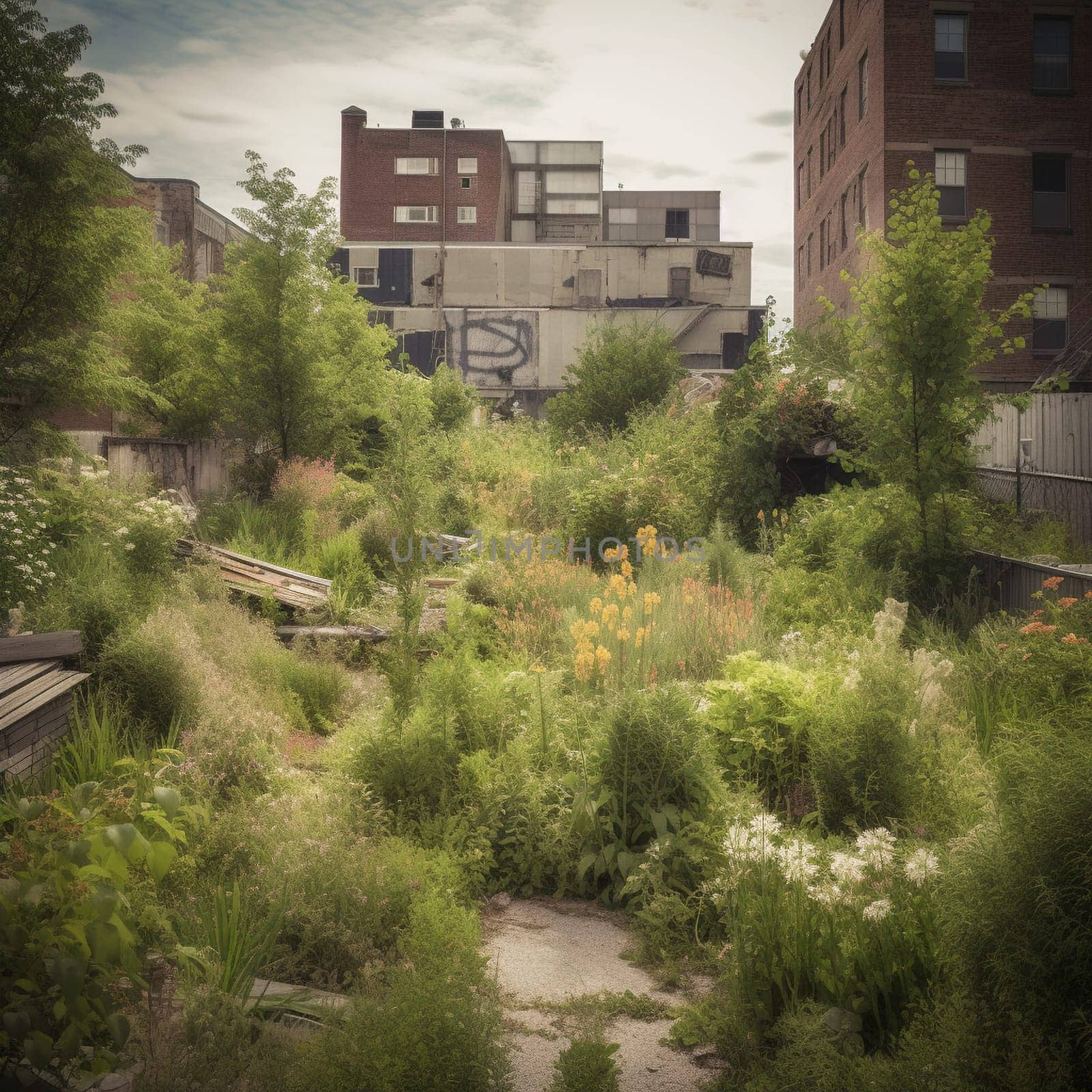 This image captures the resilience and perseverance of urban gardening. It shows a garden growing in the midst of a partially destroyed urban area, filled with plants that thrive in harsh conditions. The image conveys a sense of hope and determination in the face of adversity, highlighting the power of nature to heal and rejuvenate even in the most challenging of environments.