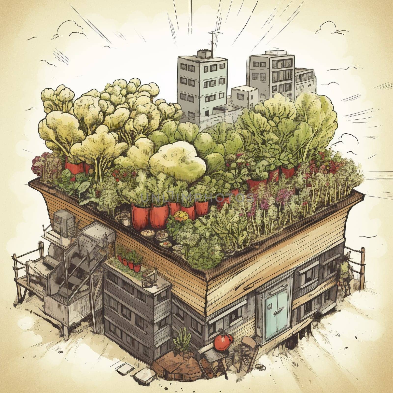 This image captures the creativity and innovation of urban farming practices, showing a rooftop farm growing not just traditional crops, but also unconventional ones like mushrooms or edible flowers. The farm is a testament to the power of imagination and resourcefulness in finding new ways to grow plants in urban environments, and the image conveys the sense of excitement and wonder that comes from discovering unique and unexpected crops in unexpected places.