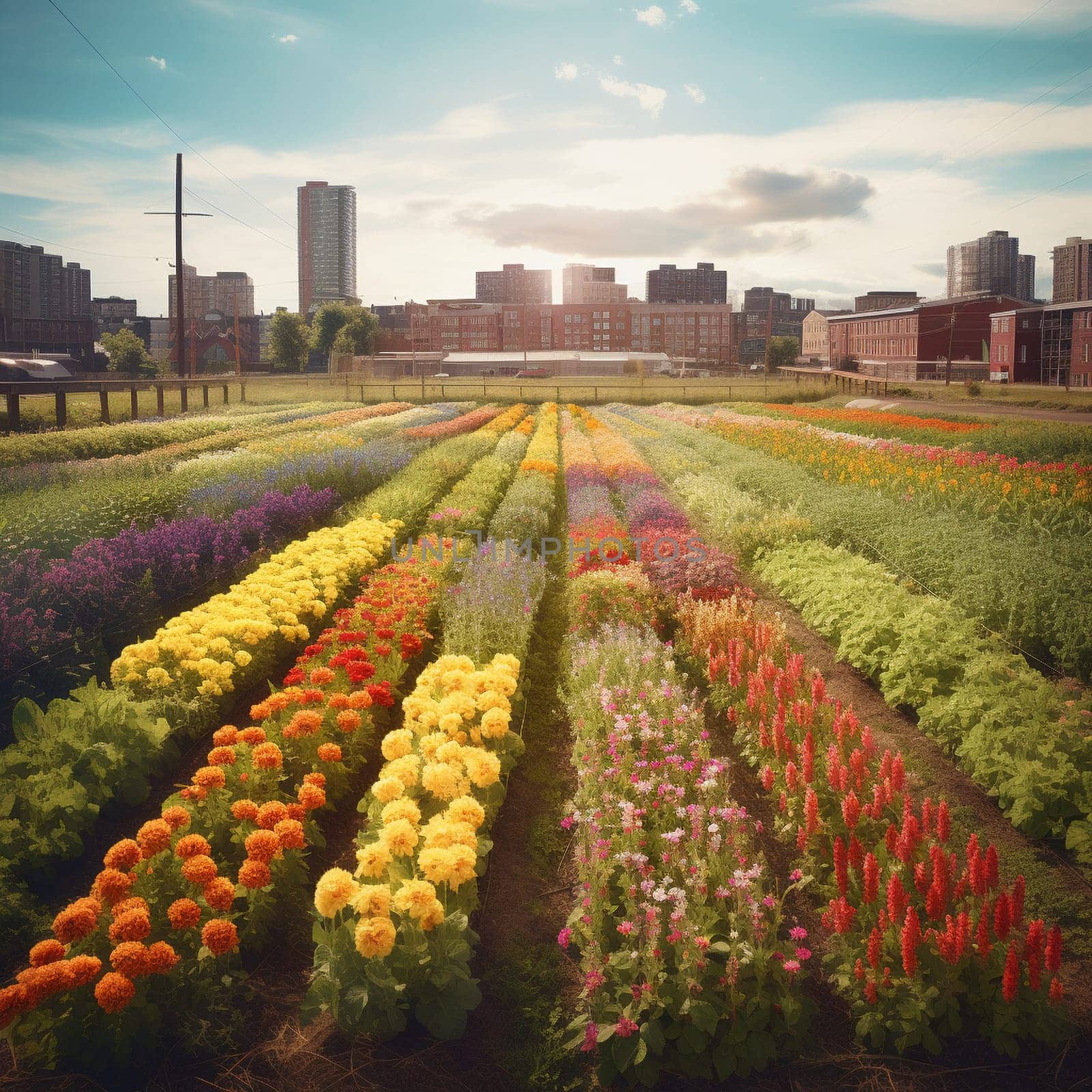 This image captures the beauty and vitality of urban gardening, showing a flower farm growing in the heart of the city, with rows of colorful flowers stretching out as far as the eye can see. The farm is a testament to the power of urban gardening to bring beauty and joy to people in even the most unlikely places, and the image conveys the sense of abundance and vitality that comes from growing plants in an urban environment.