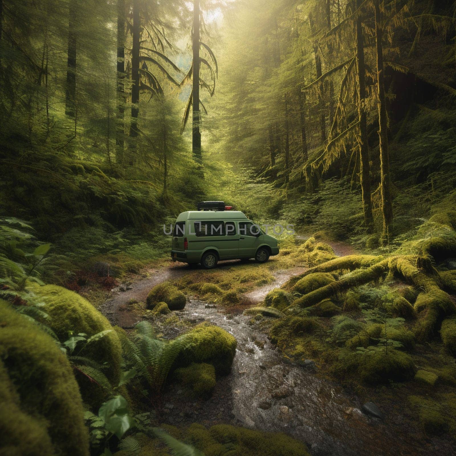 Escape to the peace and quiet of nature with this image of a camper van parked in a quiet forest clearing, with a small stream and a waterfall visible in the background. The van's exterior is covered in moss and ferns, blending seamlessly into the natural surroundings and becoming one with the environment. A pair of hiking boots and a backpack are visible on the ground, suggesting a day spent exploring the nearby trails and discovering the beauty of the forest. This is the perfect location for hikers, nature lovers, and anyone seeking the tranquility and beauty of the great outdoors.