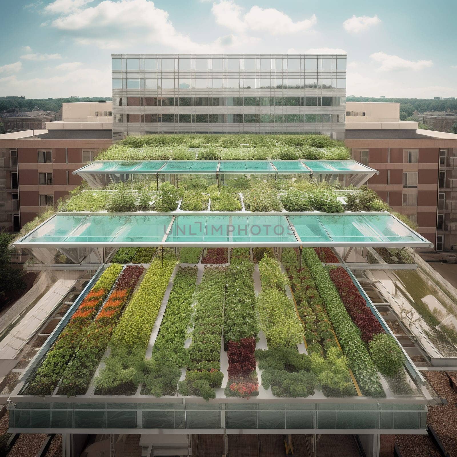 This image captures the innovation and sustainability of urban farming practices, showing a greenhouse growing on the rooftop of a high-rise building, filled with rows of fresh herbs and vegetables. The greenhouse is a testament to the possibilities of urban farming, showing how even the most unlikely spaces can be transformed into productive and sustainable growing environments. The image conveys the sense of hope and possibility that comes from seeing something beautiful and unexpected growing in the heart of the city.