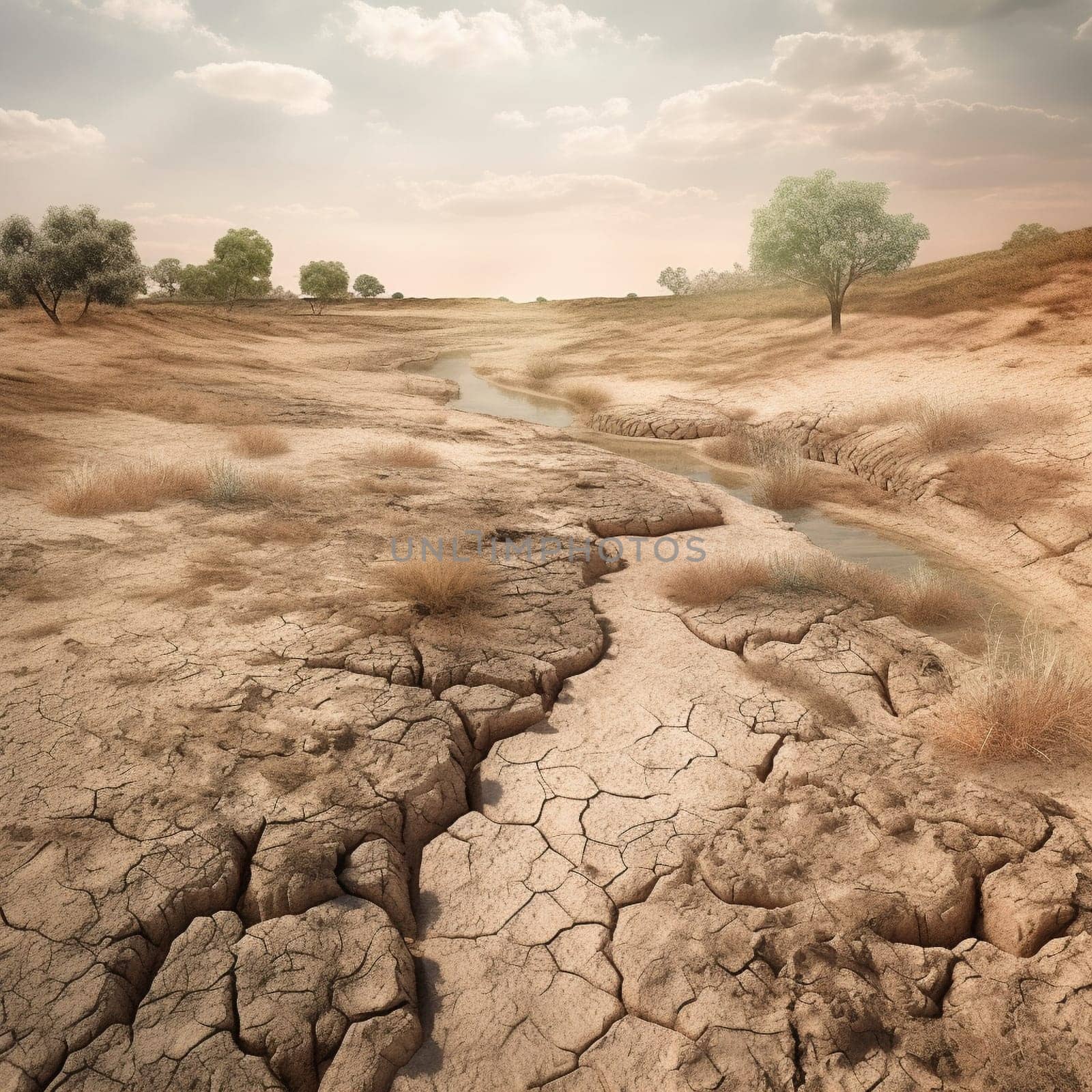 This image depicts a dry riverbed or lake to illustrate the impact of water scarcity on the environment and local communities. It raises awareness about the urgent need to conserve water resources. Water scarcity is a global issue that affects billions of people, and it can have devastating impacts on ecosystems, agriculture, and human health. By depicting the stark reality of water scarcity, this image encourages viewers to take action to reduce their water use and promote sustainability. This image represents the potential for awareness-raising to create positive change and promote environmental stewardship.