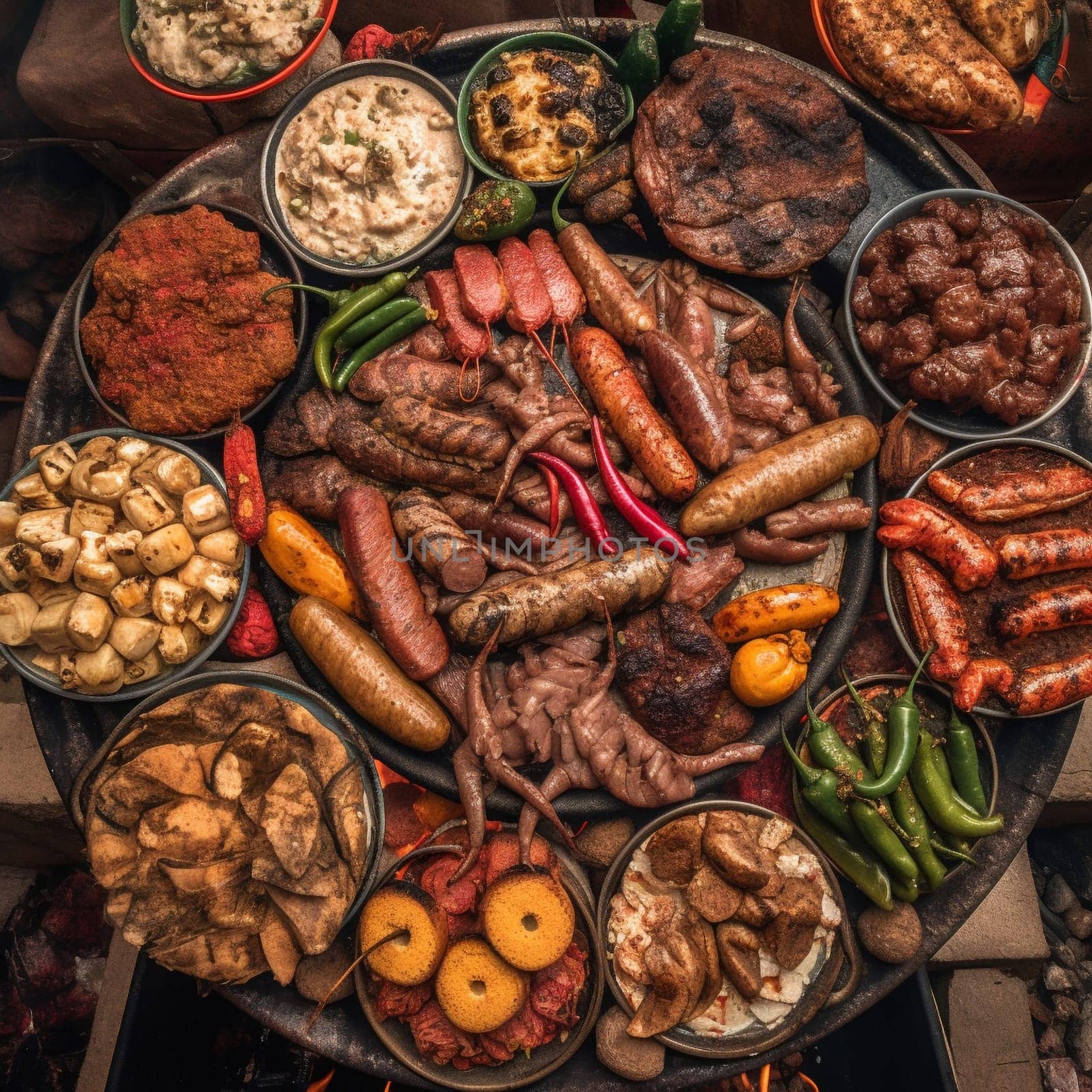 Indulge in the mouth-watering flavors and festive atmosphere of an Argentina Asado (barbecue) with this enticing overhead shot. The scene features a sizzling grill filled with a variety of meats, including beef, pork, and sausages, as well as grilled vegetables like peppers and onions. The meat is cooked to perfection, with a golden-brown crust and juicy pink interior, and is served on a wooden platter with chimichurri sauce on the side. In the background, there's a lively outdoor gathering of friends and family, with colorful decorations and music adding to the festive atmosphere. The soft, natural lighting with a diffuser highlights the textures and colors of the food, evoking feelings of warmth, togetherness, and celebration.