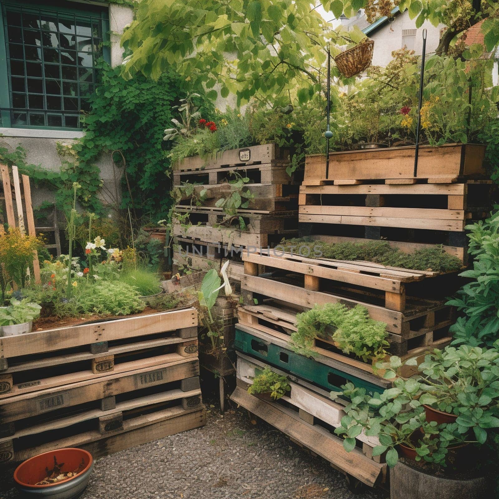 Experience the creativity and resourcefulness of urban gardening with this image of a garden filled with repurposed materials like old pallets, wine barrels, and discarded furniture. The DIY aesthetic of this garden showcases the potential for beauty to emerge from unexpected places and inspires a sense of ingenuity and self-sufficiency.