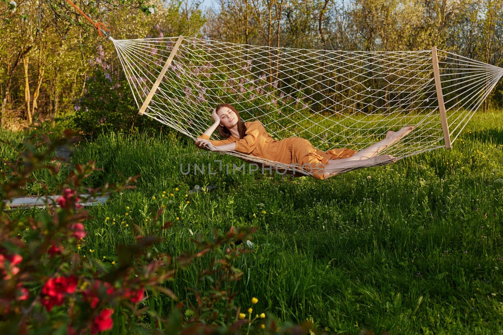 a happy woman in a long orange dress is relaxing in nature lying in a mesh hammock enjoying summer and vacation in the country surrounded by green foliage by Vichizh