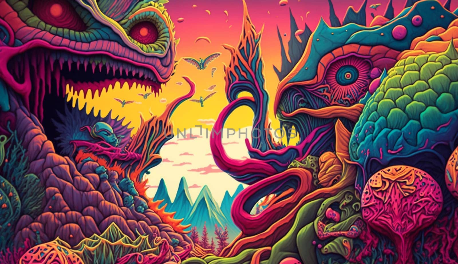 Psychedelic hallucinations. Vibrant illustration. Surreal images. Template for cards, stickers, baners, posters, web social media print