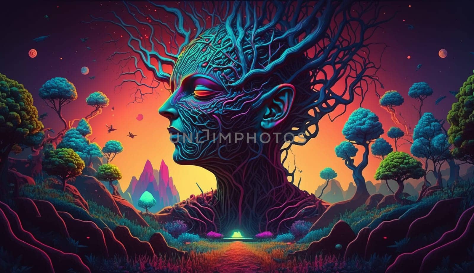 Psychedelic hallucinations. Vibrant illustration. Surreal images. Template for cards, stickers, baners, posters, web social media print