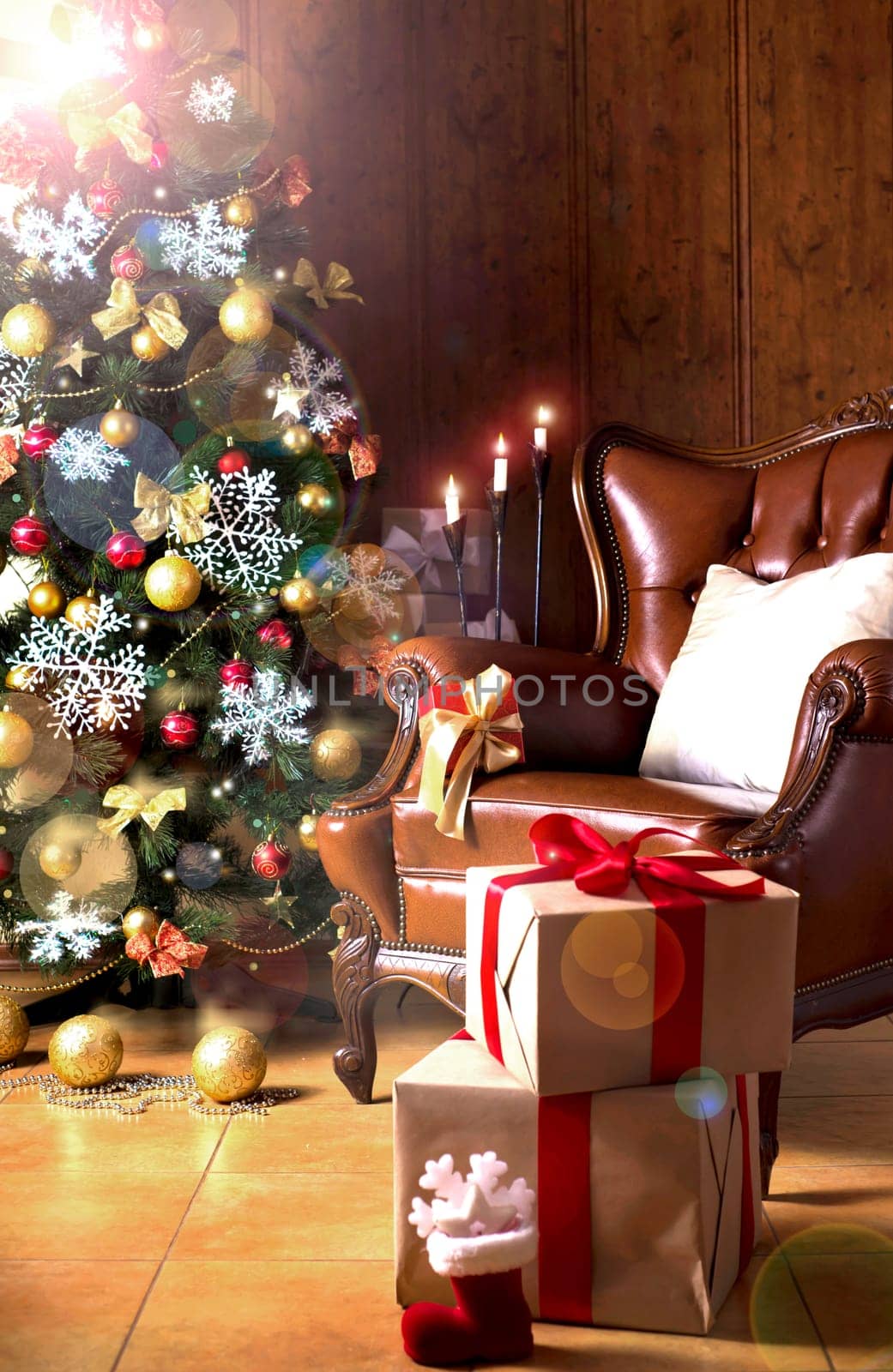 Christmas scene with tree gifts and fire in background