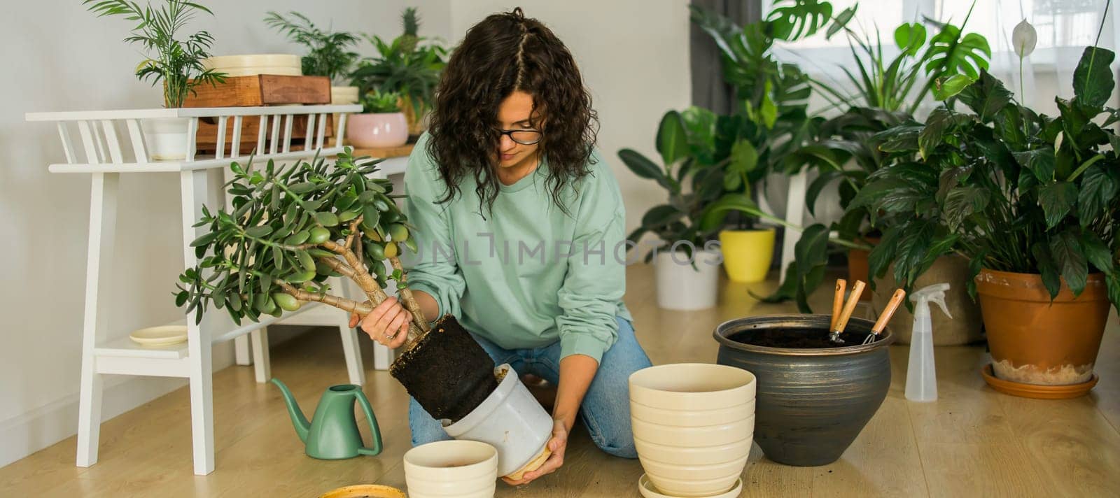 Smiling young woman and pot with plant happy work in indoor garden or cozy home office with different houseplants. Happy millennial female gardener florist take care of domestic flower