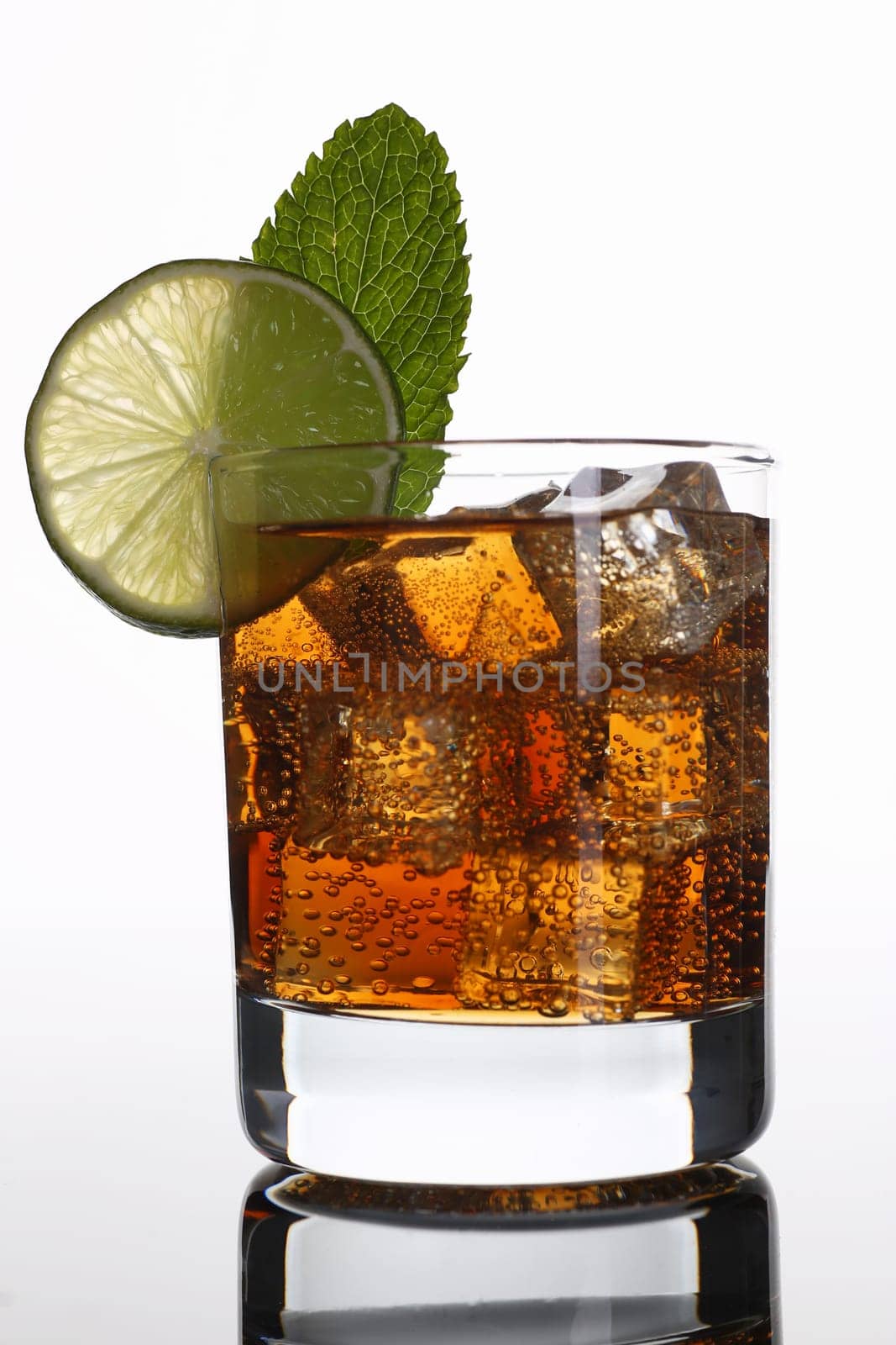 Cocktail cola with whiskey in a glass print for skinned kitchen background interior bar products home furnishings trendy design black gray gradient sliced fruits and ice printing.