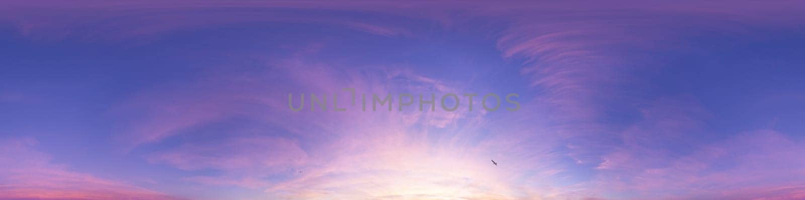 Sunset sky panorama with bright glowing pink Cirrus clouds. HDR 360 seamless spherical panorama. Full zenith or sky dome for 3D visualization, sky replacement for aerial drone panoramas. by Matiunina