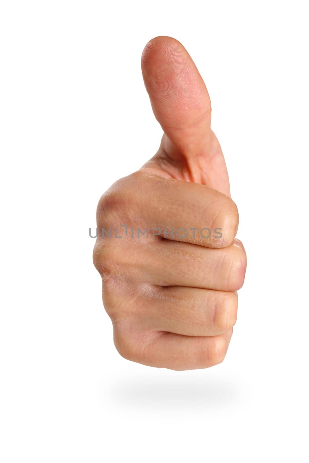 Male arm showing OK or confirm sign with thumb up closeup isolated on white background. High level and quality adviser offer and happy client