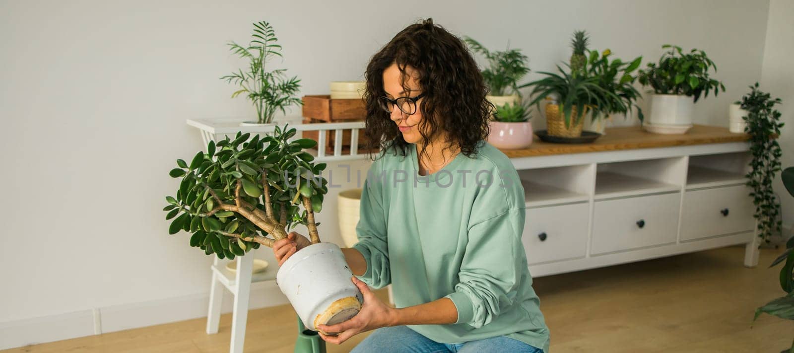 Woman grows potted plants at home watering and take care flowers - gardening and houseplant care