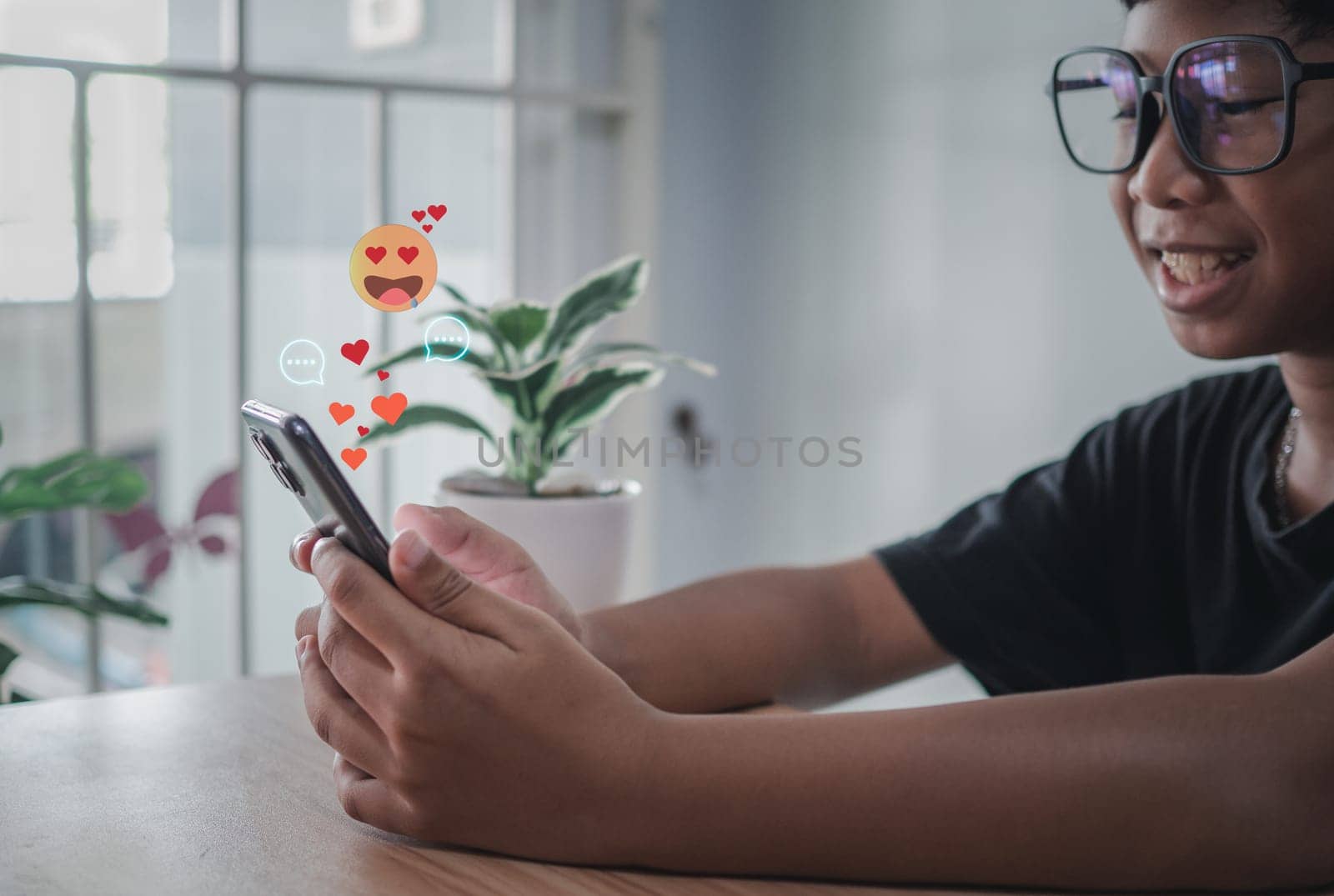 boy hand using smartphone typing live chat chatting on application communication digital web and social network concept. Social media application chat box. by Unimages2527