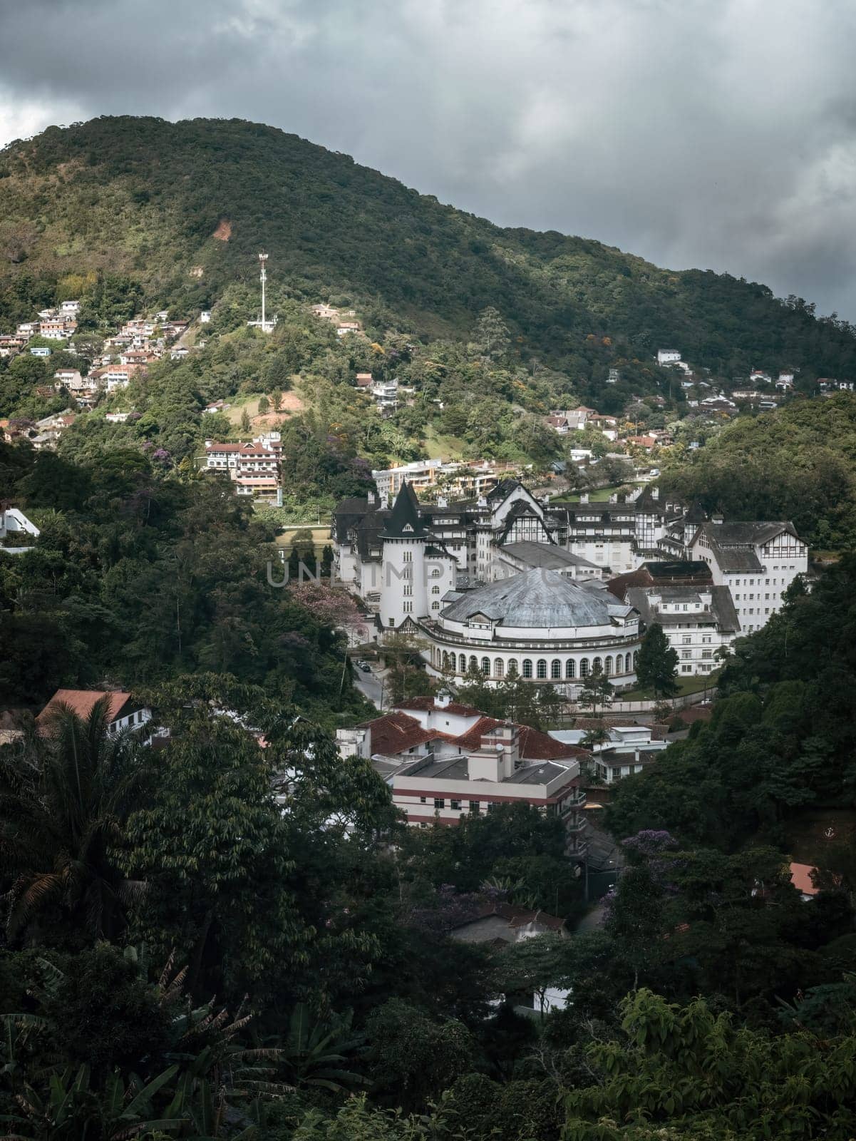 Stunning view of Quitandinha Palace surrounded by lush green mountains by FerradalFCG