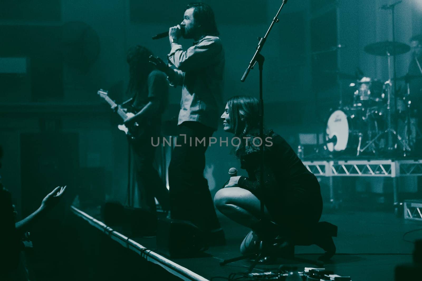 MELBOURNE, AUSTRALIA - MAY 5: Clews on stage with Australian music group Holy Holy as they perform their 'Messed Up' national tour at The Northcote Theatre on May 5 2023 in Melbourne, Australia